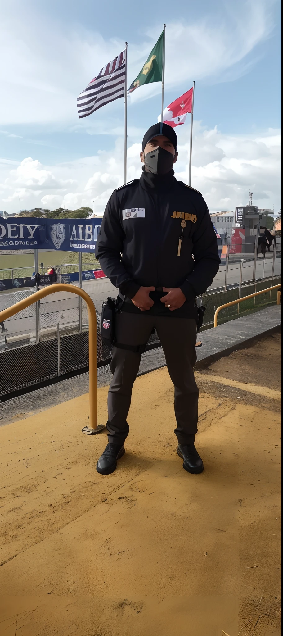 There is a man standing on a platform with a flag in the background, security agent, full body camera shot, tiro de corpo inteiro, em uniforme preto, corpo inteiro desgastado capa danificada, vestindo uniforme policial, na pista de corrida, david rios ferreira, tiro de corpo inteiro, victor maristane, uniforme completo, em uma pista de corrida, Pose dominante