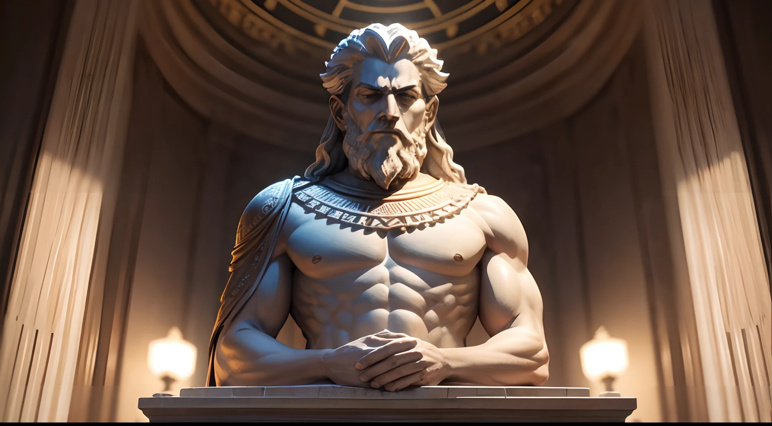 Strong Stoic statue, with an expression of anger, wearing tunic, Noite escura, fundo grego antigo do templo, 35 mm, lateralmente, Filmado em Sony A7S III com Sony FE 35mm f/1.8, 12.1 MP, --AR 3:2 --estilo cru