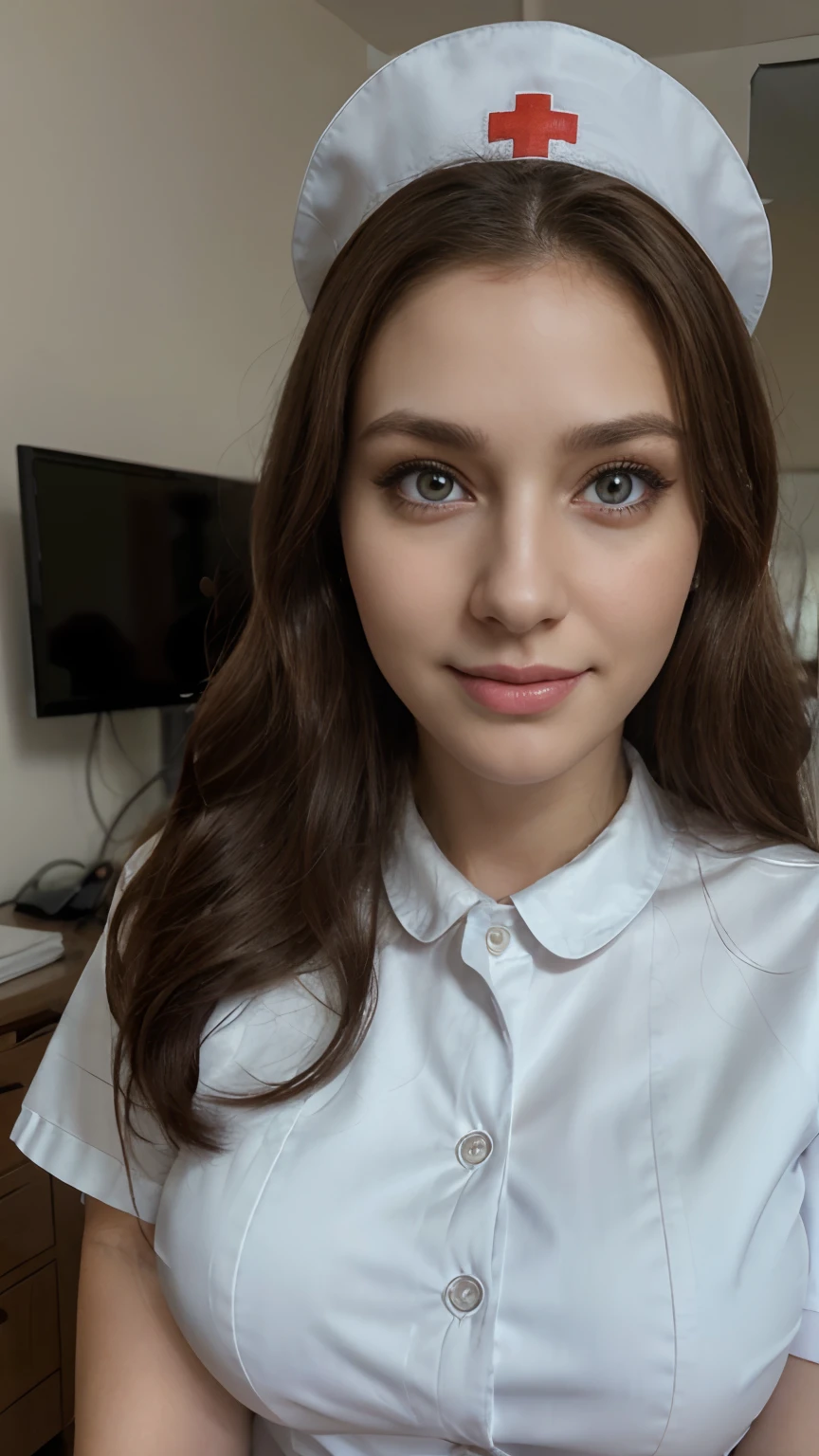 best quality,realistic,full body shot,nurse uniform,cup nurse,beautiful detailed eyes,beautiful detailed lips,extremely detailed eyes and face,long eyelashes,professional,vivid colors,soft lighting,hospitable smile,caregiving attitude,kind eyes,long brunette hair,medium breast,happy and friendly expression