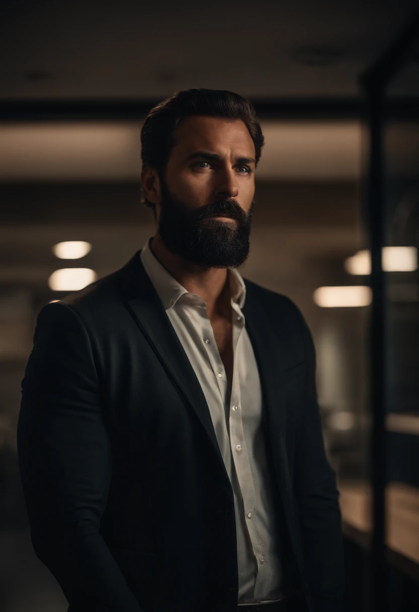 A man with a beard and a white shirt standing in a dark room - SeaArt AI
