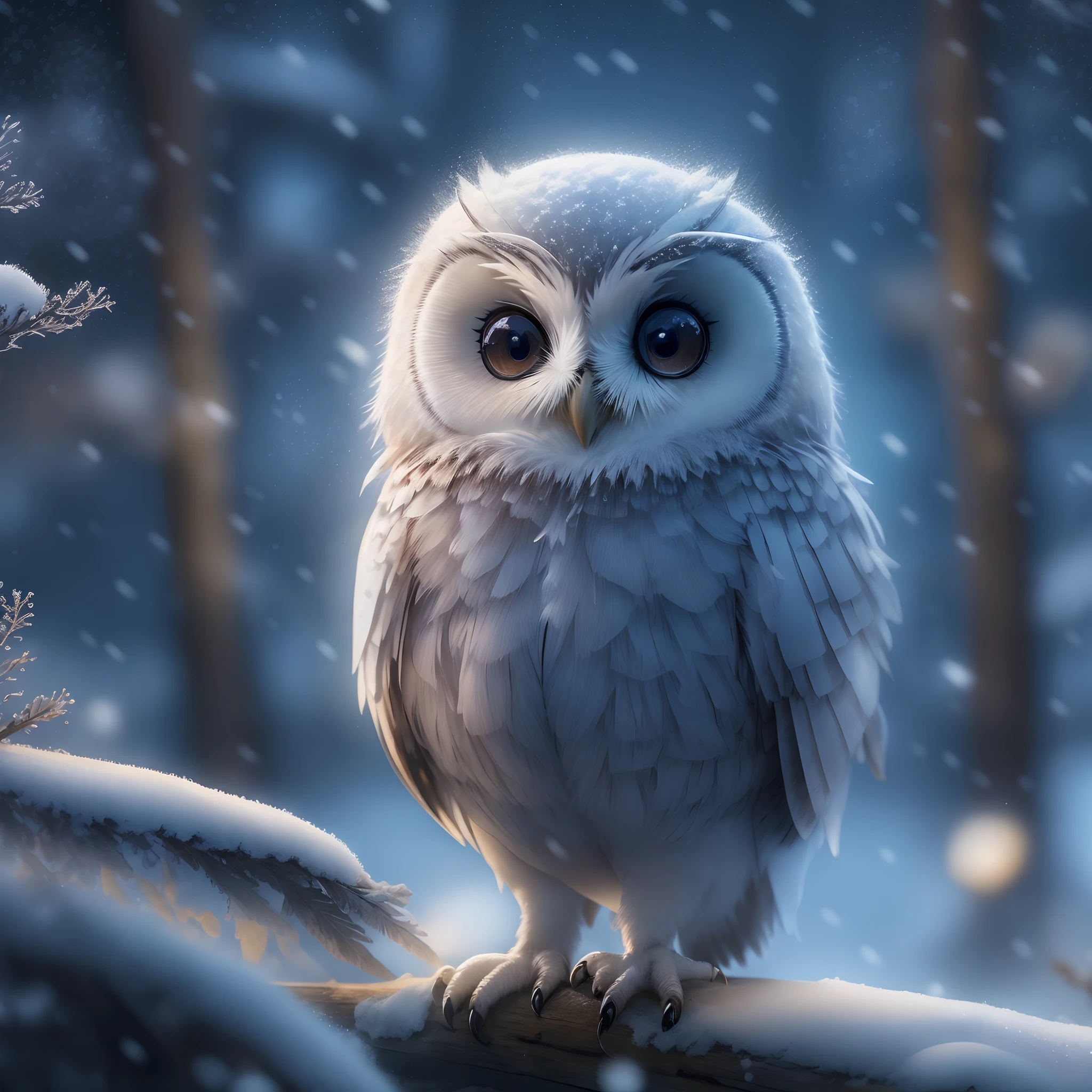 （best qualityer，4k，Tall structures，tmasterpiece：1.2），super-fine，（fidelity：1.37)，(A cute owl)，Delicate beak-shaped expression、posing elegantly、translucent wings、Subtle reflections、Fantastic environment、Ethereal charm、Northern Lights in the night sky、A subtle mist、Subtle color gradients、dim moonlight、Mild snowfall、Whimsical forest scenery、soft feather、Delicate branches、Breathtakingly artistic，Stunning snow-covered landscapes，Delicate glass-like feathers，Serene expression，intricately details，A dazzling treasure，The secret of whispering，Twinkling starry sky，Tranquil Mood，Stealing snowflakes，Winter magic，EnchantingForest