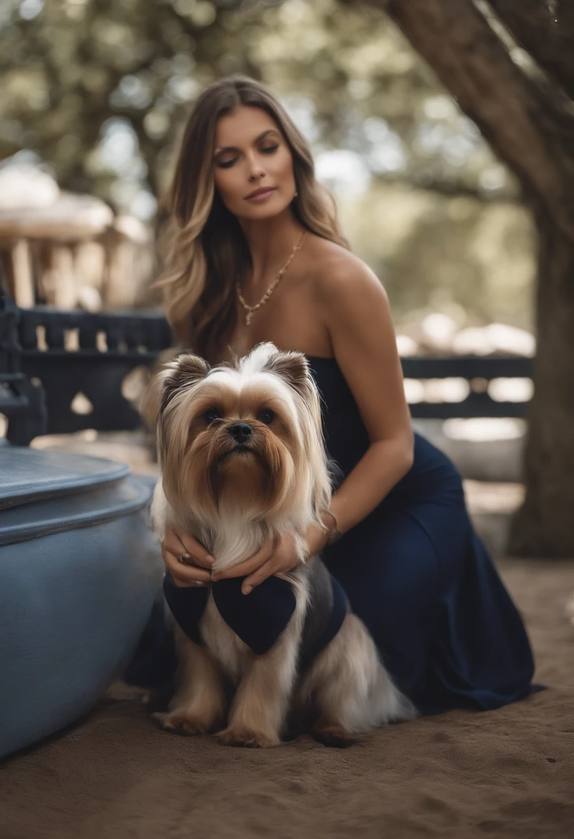 poster 3d inspirado na disney/pixar capturando uma cena mulher 53 anos cabelo cumprido preto oculos borda dourada gordinha com vestido longo azul marinho com seus cachorros yorkshire mini macho cor chumbo e seu cachorro Shih Tzu ma ho cor branco e preto maior que o yorkshire, todos felizes usamdo tema de fundo madagascar