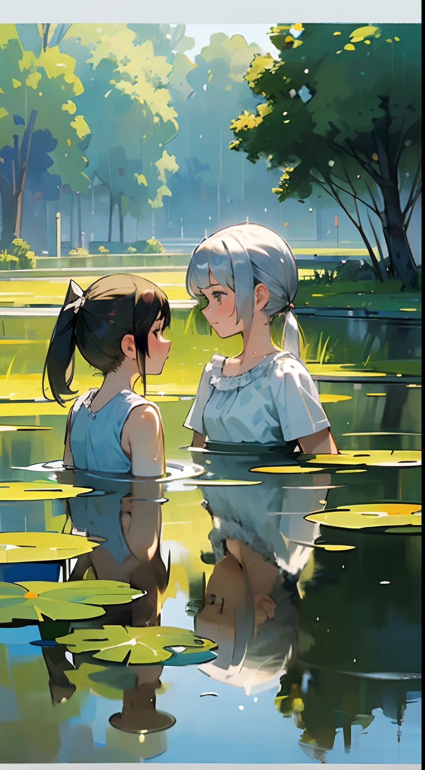 (superflat, flat shading, flat colors:1.1),1girl, loli, petite, white crop top, bottomless, naked bottom, from behind, squatting, (peeing:1.3), overknee socks, town street, summer, green trees, puddle, volumetric lighting, soft light, bright, neon, vibrant colors