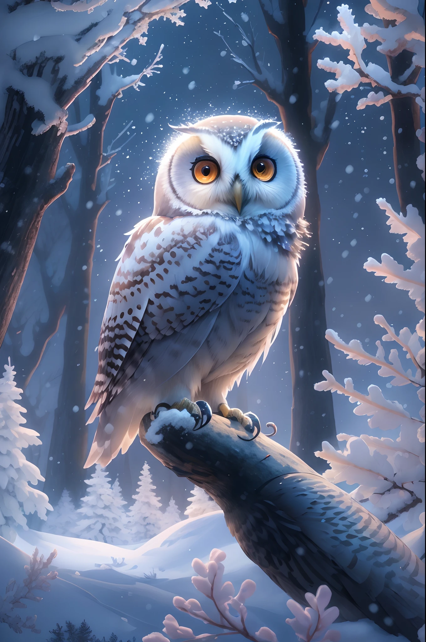 (best qualityer,4k,Tall structures,tmasterpiece:1.2),super-fine,(fidelity:1.37),(A cute owl),made of crystals, Delicate beak-shaped expression、posing elegantly、translucent wings、Subtle reflections、Fantastic environment、Ethereal charm、Northern Lights in the night sky、A subtle mist、Subtle color gradients、dim moonlight、Mild snowfall、Whimsical forest scenery、soft feather、Delicate branches、Breathtakingly artistic,Stunning snow-covered landscapes,Delicate glass-like feathers,Serene expression,intricately details,A dazzling treasure,The secret of whispering,Twinkling starry sky,Tranquil Mood,Stealing snowflakes,Winter magic,EnchantingForest