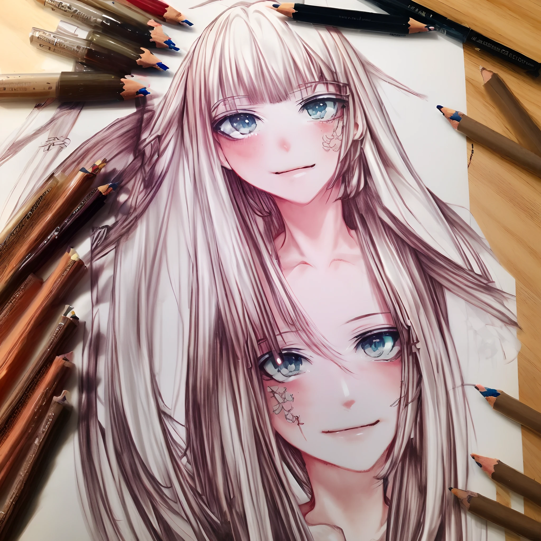 Long brown hair, hazel eyes, tan skin, short, smiling, anime, action, drawing, happy