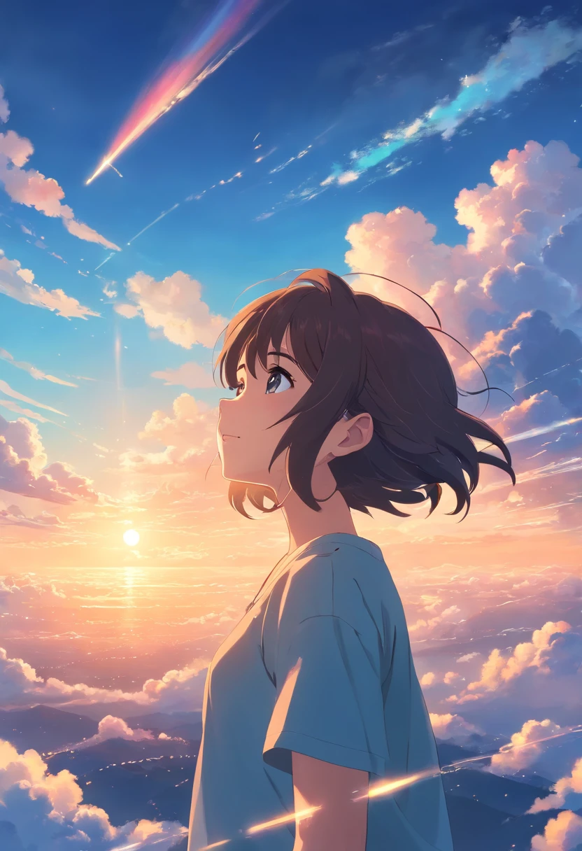 masterpiece, best quality, movie still, 1girl, cloud girl, floating in the sky, close-up, bright, happy, warm soft lighting, sunset, (sparks:0.7)