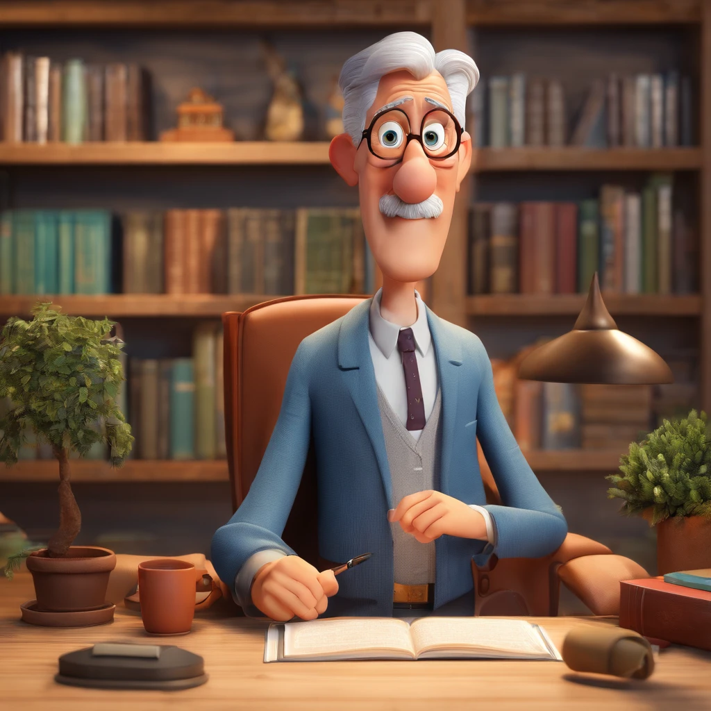 Crie um cartaz inspirado na Disney Pixar com o personagem sendo o pastor Rubens Janier, A gray-haired man wearing glasses, in an office with a Bible on the table