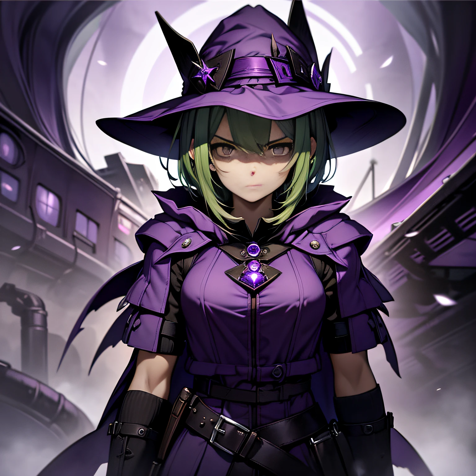 top-quality、extremely delicate and beautiful、(A  girl)、Purple Eye、Green hair、short-haired、(purple witch hat)、Purple tie、Tactical Vest、Soio、shortsleeves、Purple skirt、Purple Wizard Robe、Navel、is standing、Facing the front、Expression of hatred、Dark background、Only eyes