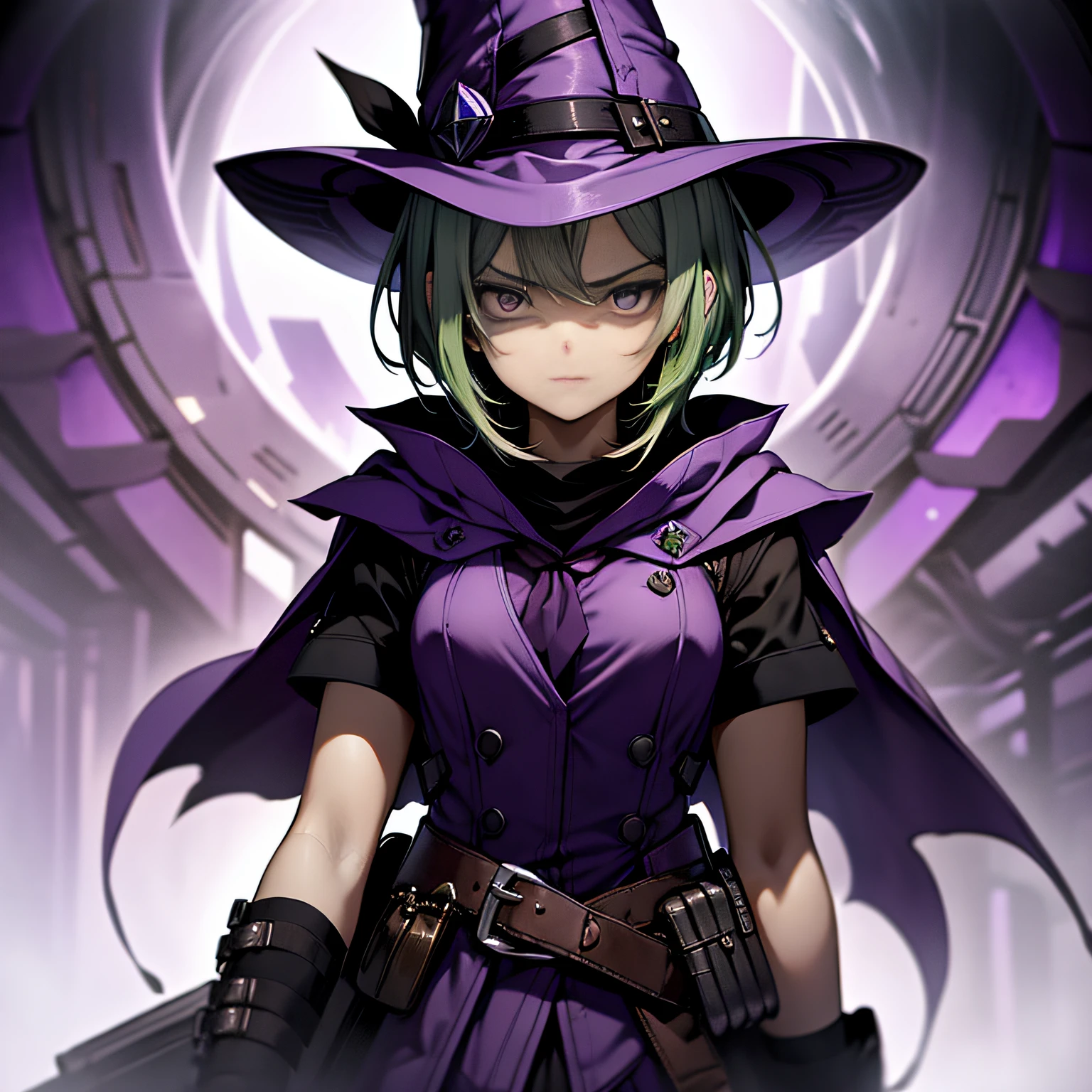 top-quality、extremely delicate and beautiful、(A teenage girl)、Purple Eye、Green hair、short-haired、(purple witch hat)、Purple tie、Tactical Vest、Soio、shortsleeves、Purple skirt、Purple Wizard Robe、Navel、is standing、Facing the front、Expression of hatred、Dark background、Only eyes