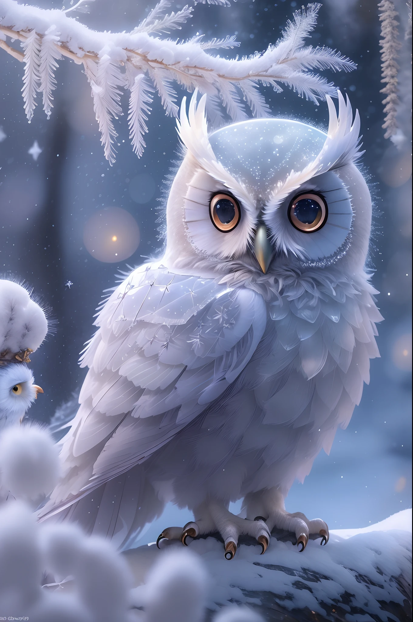 (best qualityer,4k,Tall structures,tmasterpiece:1.2),super-fine,(fidelity:1.37),(A cute crystal owl),made of crystals, Delicate beak-shaped expression、posing elegantly、translucent wings、Subtle reflections、Fantastic environment、Ethereal charm、Northern Lights in the night sky、A subtle mist、Subtle color gradients、dim moonlight、Mild snowfall、Whimsical forest scenery、soft feather、Delicate branches、Breathtakingly artistic,Stunning snow-covered landscapes,Delicate glass-like feathers,Serene expression,intricately details,A dazzling treasure,The secret of whispering,Twinkling starry sky,Tranquil Mood,Stealing snowflakes,Winter magic,EnchantingForest