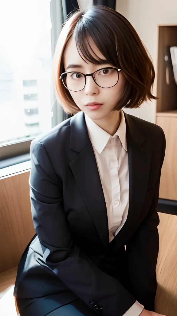 there is a woman sitting on a desk with a laptop, 奈良美智, with glasses, wearing a suit and glasses, with glasses on, wearing thin large round glasses, deayami kojima, chiho, Ayami Kojima Amano, in suit with black glasses, with black eyeglasses, wearing small round glasses