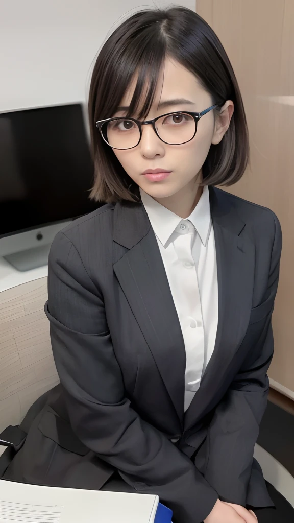 there is a woman sitting on a desk with a laptop, 奈良美智, with glasses, wearing a suit and glasses, with glasses on, wearing thin large round glasses, deayami kojima, chiho, Ayami Kojima Amano, in suit with black glasses, with black eyeglasses, wearing small round glasses