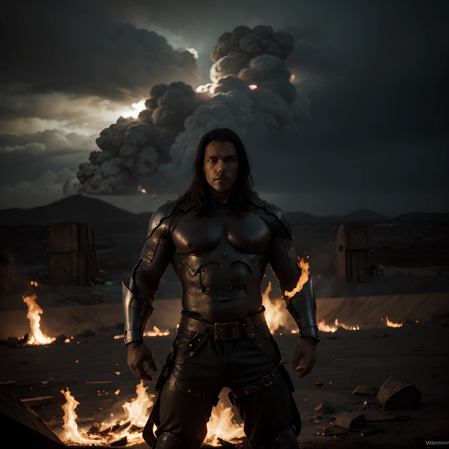 (best quality,highres:1.2),(realistic:1.37),ultra-detailed,
A hot black metal man,metallic finish,body made of blackened steel,glistening black surface,shiny polished texture,steel armor,huge muscular figure,rippling muscles,glossy reflective surface,
red glowing eyes,piercing red gaze,fiery eyes,ominous presence,intense stare,
smoke billowing out from the shoulders,dark and mysterious aura,
standing in a post-apocalyptic landscape,futuristic urban setting,scattered ruins,
harsh lighting casting dramatic shadows,bluish tinted lighting,contrast between light and dark,
detail focused on the metallic body,burnished metal highlights,subtle scratches and dents,weathered appearance,
surrounded by flames and sparks,fire burning in the background,
ominous clouds gathering in the sky,storm brewing in the distance,
imposing and powerful,ready to conquer,dominant and fearsome,
a symbol of strength and power,unstoppable force,radiating energy,
inspired by heavy metal and science fiction,visually stunning and captivating,
perfect symmetry and proportion,meticulous attention to detail,highly realistic rendering,
capturing the essence of strength and resilience,menacing and awe-inspiring,
fine art masterpiece,epic and grand in scale,worthy of admiration and reverence.