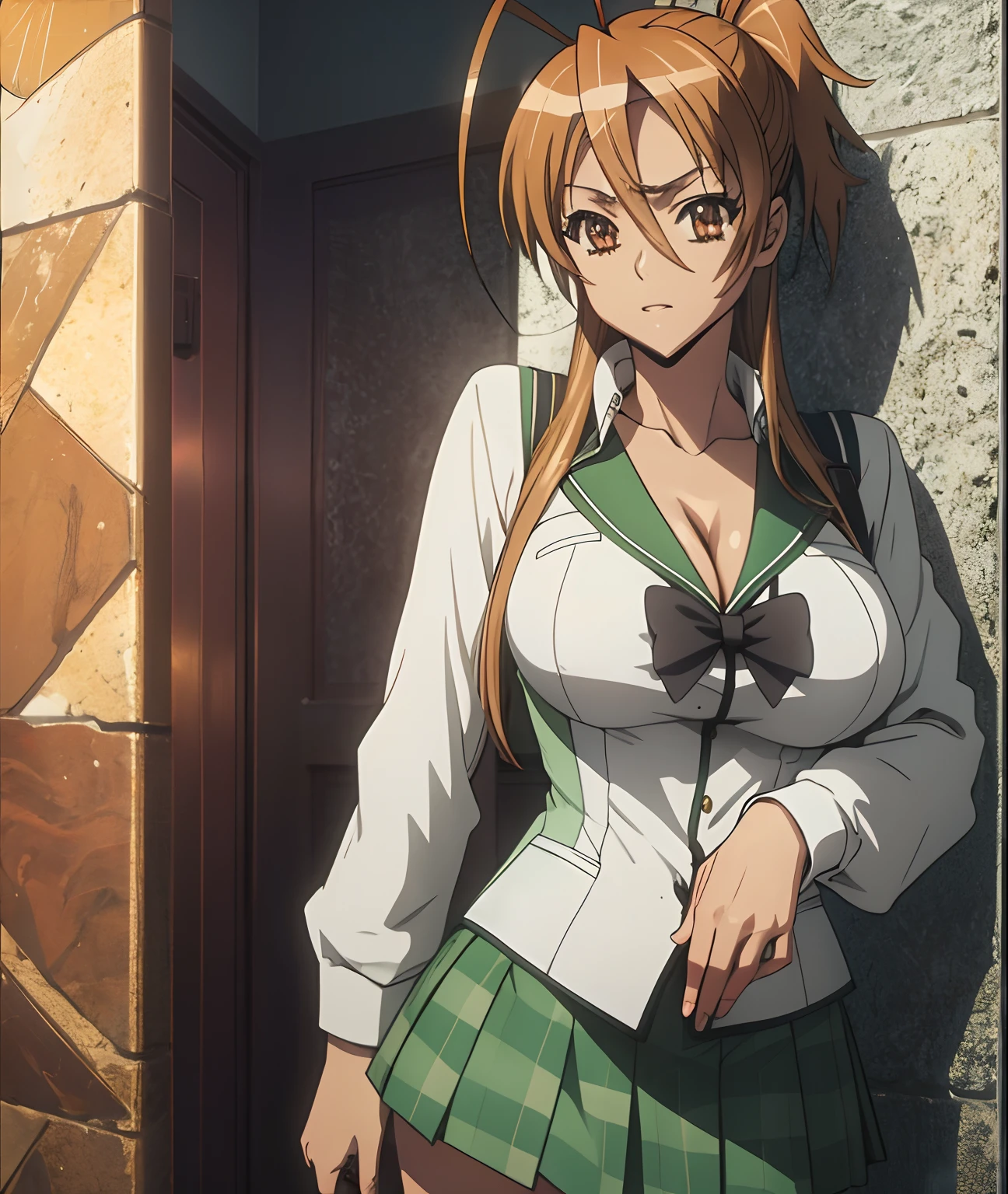 miyamoto rei,
school uniform, green skirt,, masterpiece, best quality, highly detailed, big breasts, unbottoned shirt, cleavage