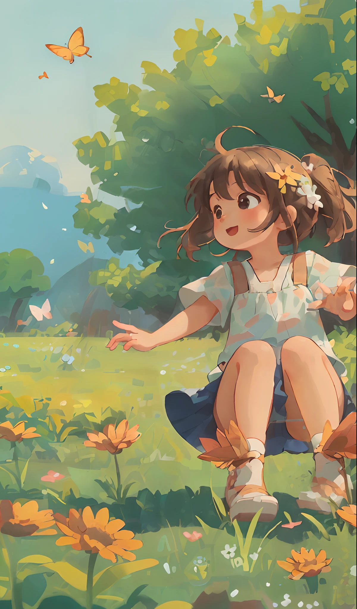 High Detail, Ultra Detail, Ultra High Resolution A cute and innocent girl, child, toddler, enjoying her time in the open field, surrounded by the beauty of nature, warm sun sprinkling on her, wildflowers gently swaying in the breeze. Butterflies and birds flutter around her, adding to the playful atmosphere