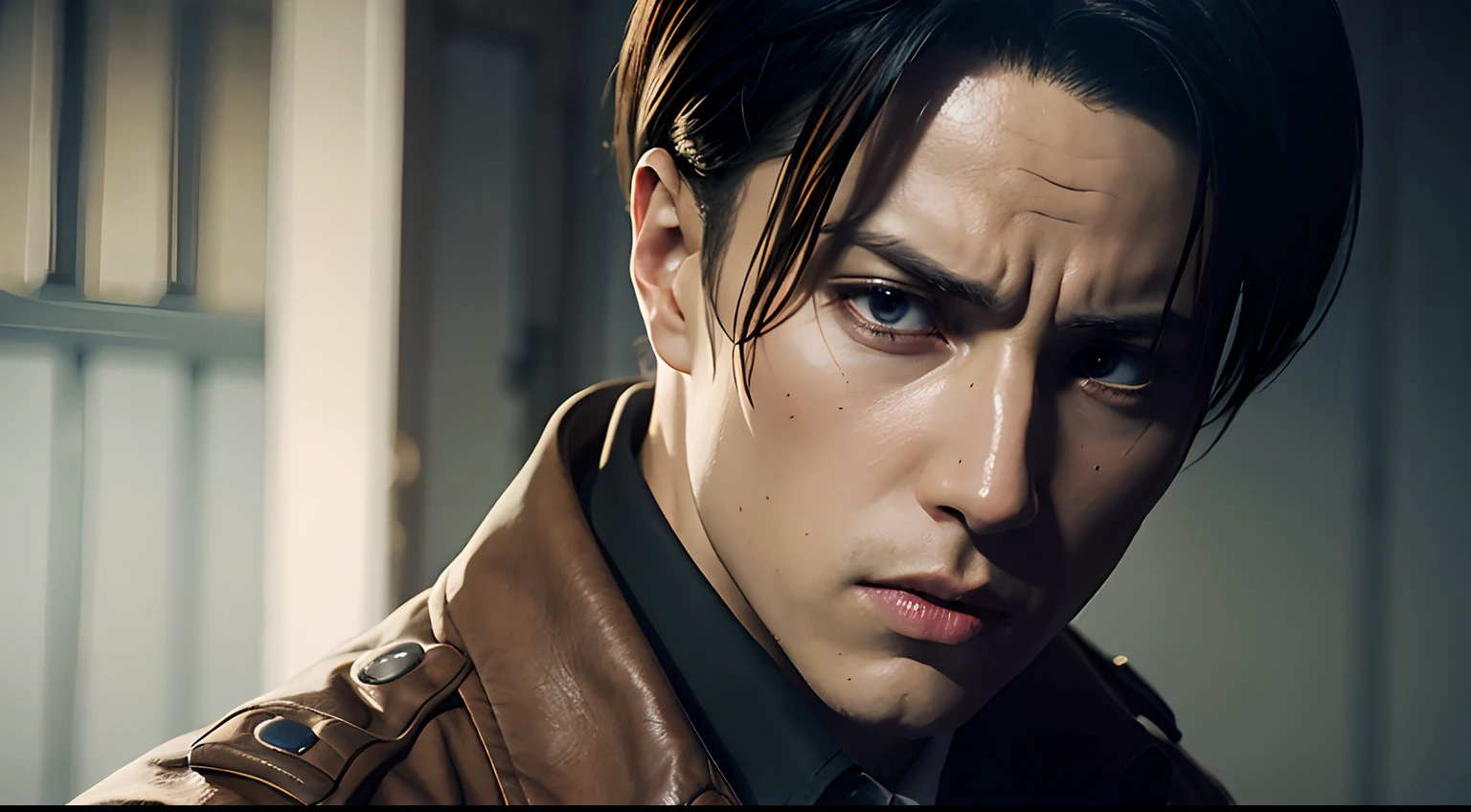 leviackerman, man, brown jacket, white shirt, solo, intimidating look, gray eyes, detailed face, detailed eyes, handsome, upper body, detailed eyes, symmetric eyes