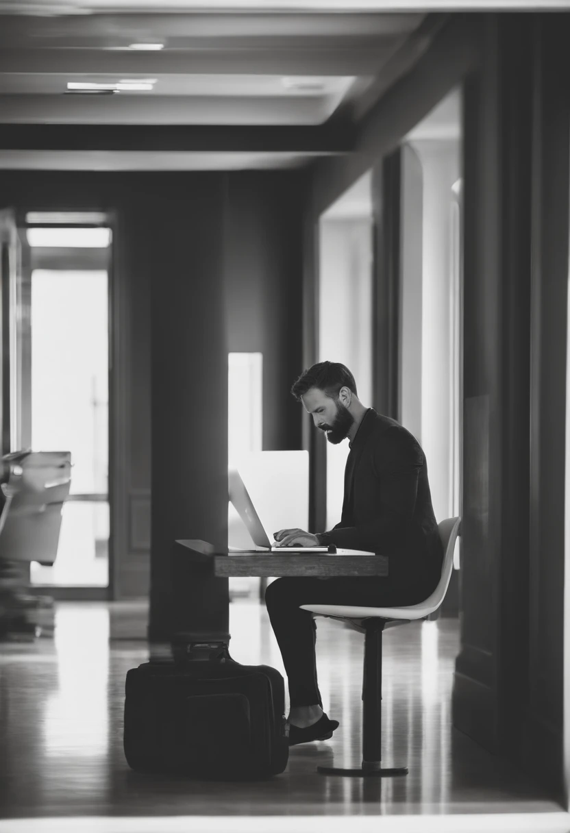 Homme 34 ans, Journaliste, tanned, Cheveux noir, barbe courte, standing in-front of an office with a macbook