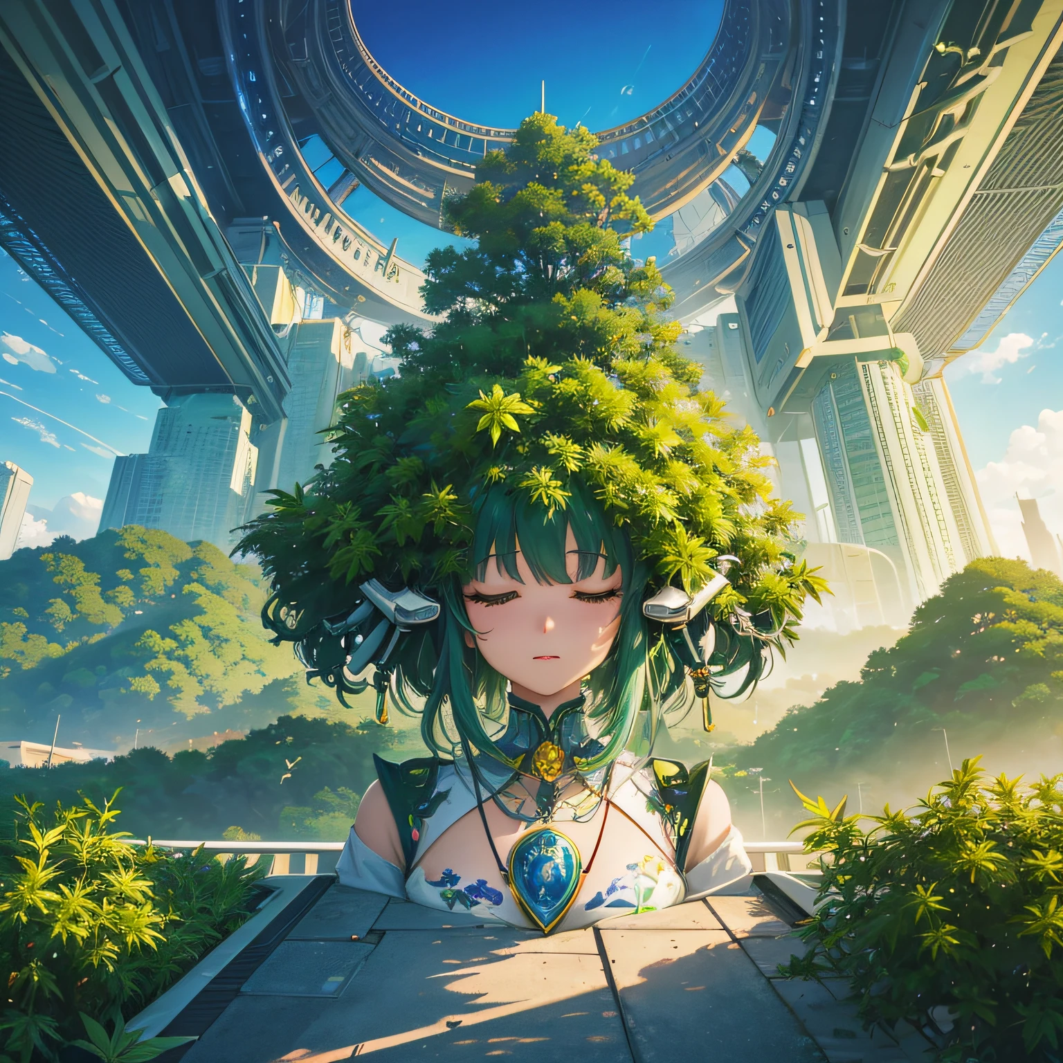 「Painting a Cannabis-Inspired Technology Landscape」On the theme of、With beautiful landscape paintings、Imagine digitally reimagined cannabis leaves and futuristic technological cityscapes。
