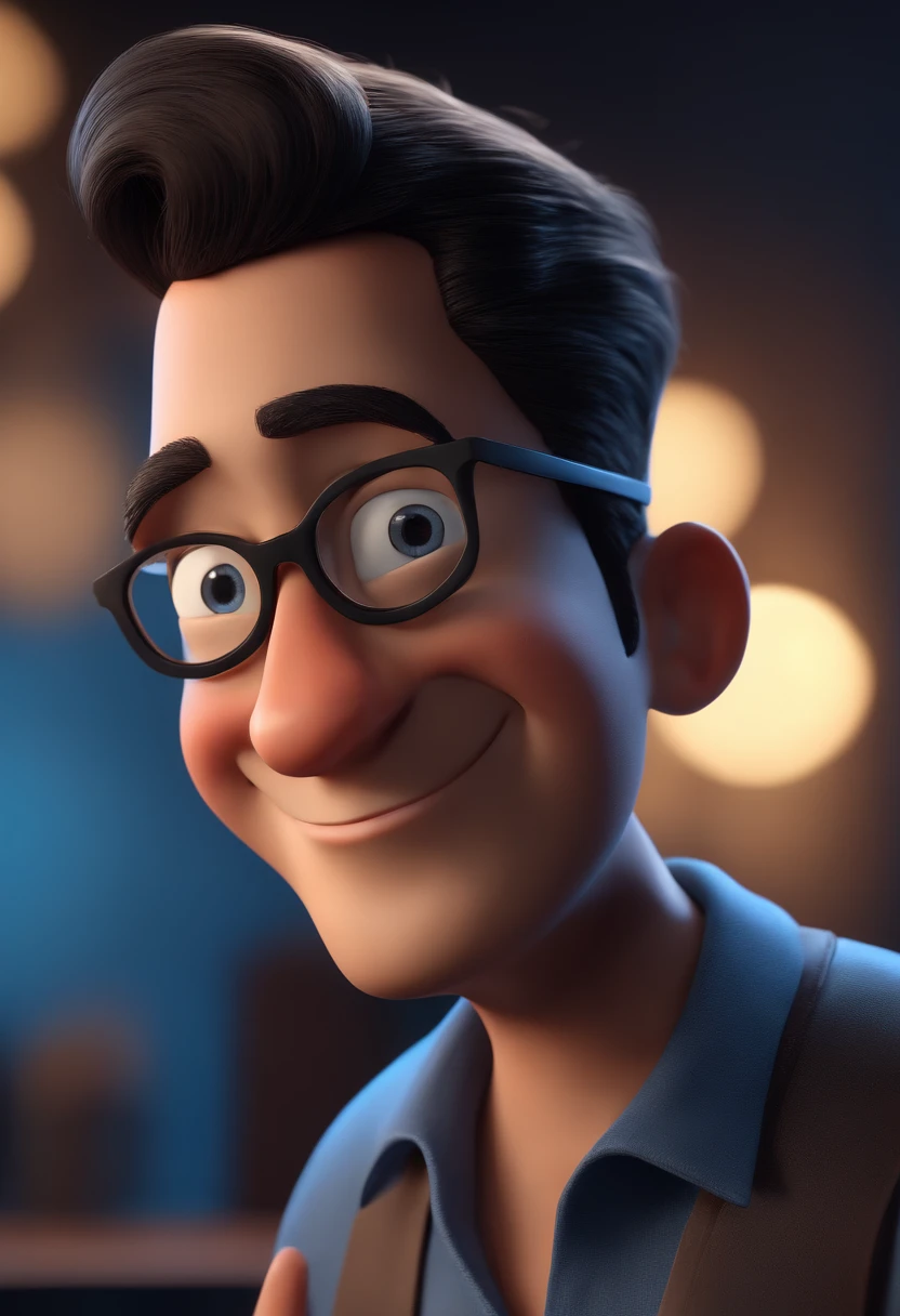 Cartoon character of a man with black glasses and a blue shirt, animation character, Caractere estilizado, animation style rendering, 3D estilizado, Arnold Maya render, 3 d render stylized, toon render keyshot, Personagem 3D, Personagem 3D, 3d rendering stylized, 3 d character render, personagem de desenho animado, Personagem de close up, Pose de personagem,  (Estilo Pixar) (master part:1.2) (Bokeh) (best quality) (pele detalhada) (textura detalhada) (8k) (argila) (Cinematic lighting) (foco nítido