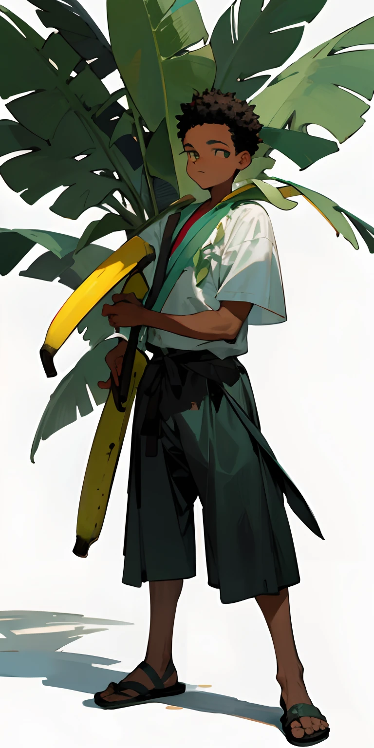 Dominican Boy in the Dominican Republic holding a machete and a holding green banana bush in the other hand