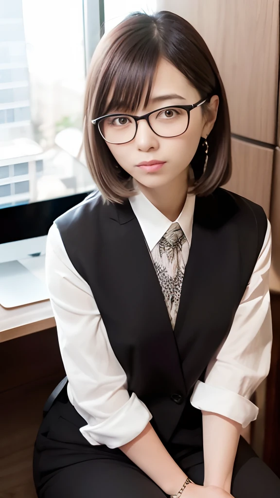 there is a woman sitting on a desk with a laptop, 奈良美智, with glasses, wearing a suit and glasses, with glasses on, wearing thin large round glasses, deayami kojima, chiho, Ayami Kojima Amano, in suit with black glasses, with black eyeglasses, wearing small round glasses