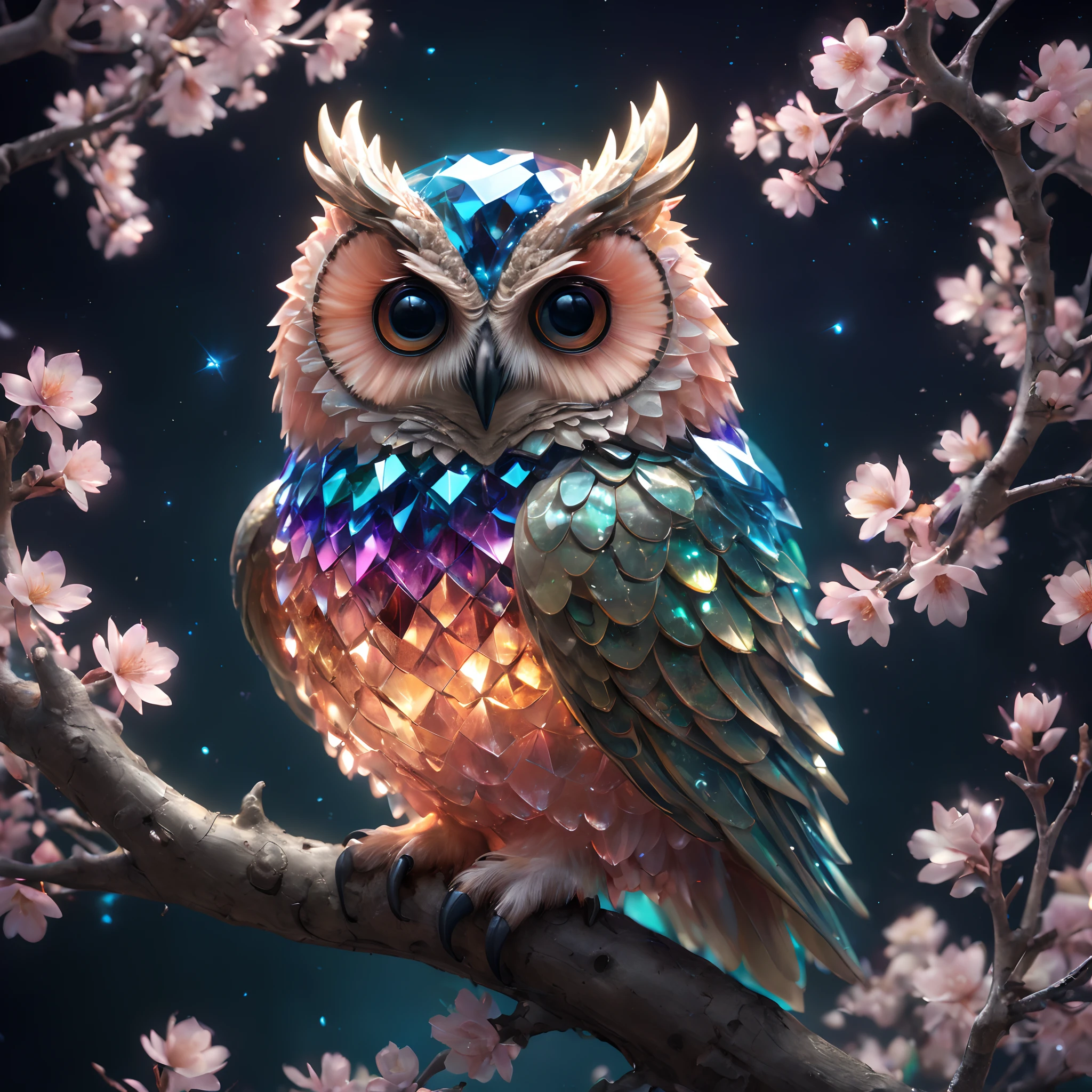 A crystal owl,(Made of rainbow crystals),bioluminiscent creature,(peach blossom),(On delicate branches)、Obras de arte intrincadas . rendering by octane, trending on artstationh,T symmetrical artwork. the night,starrysky,starlights, Cinematic, ultra-realistic realism, High detail, rendering by octane, 32K, Vibrant colors, Broken glass effect, No background, Stunning, Something that doesn't even exist, Fabulous existence, energy, molecular, textured, Iridescent colors and luminescent scales, Pure perfection, divine presence, Unforgettable, Impressive, volumettic light, has cleavage, Rays, Vivid color reflections