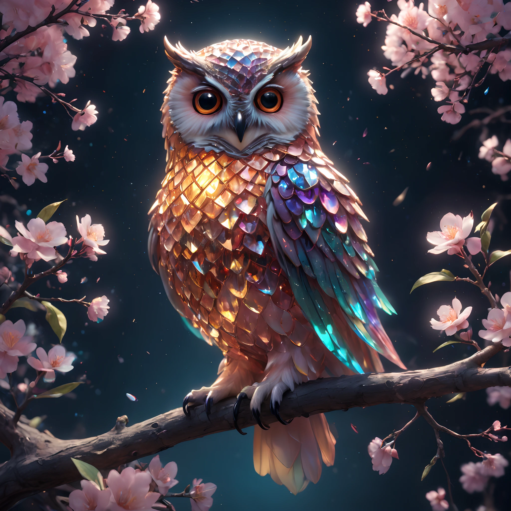 A crystal owl，(Made of rainbow crystals)，bioluminiscent creature,(peach blossom),(On delicate branches)、Obras de arte intrincadas . rendering by octane, trending on artstationh,T symmetrical artwork. the night,starrysky,starlights, Cinematic, ultra-realistic realism, High detail, rendering by octane, 32K, Vibrant colors, Broken glass effect, No background, Stunning, Something that doesn't even exist, Fabulous existence, energy, molecular, textured, Iridescent colors and luminescent scales, Pure perfection, divine presence, Unforgettable, Impressive, volumettic light, has cleavage, Rays, Vivid color reflections