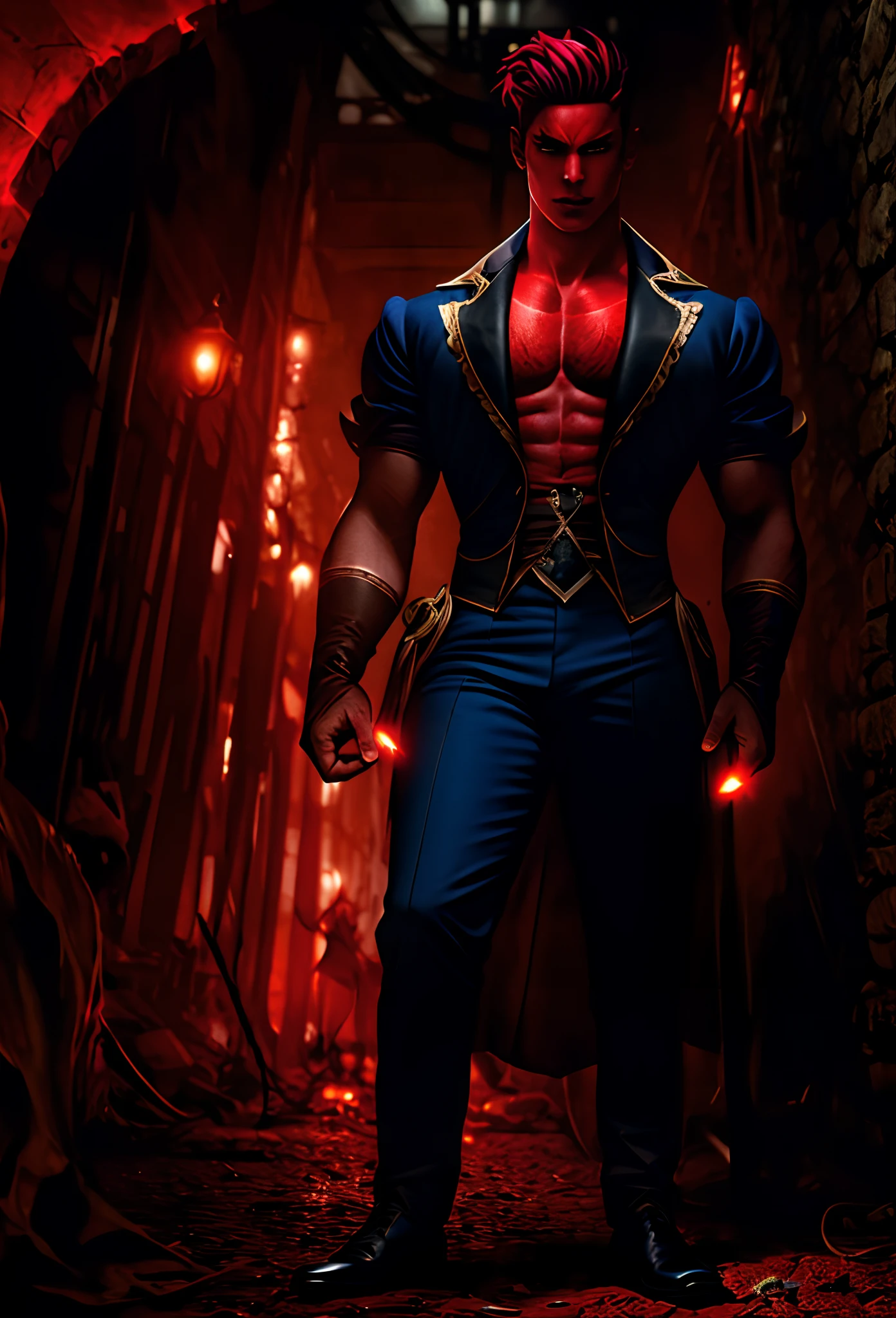 a male demon with red skin and Prussian Blue hair in Victorian style work clothes