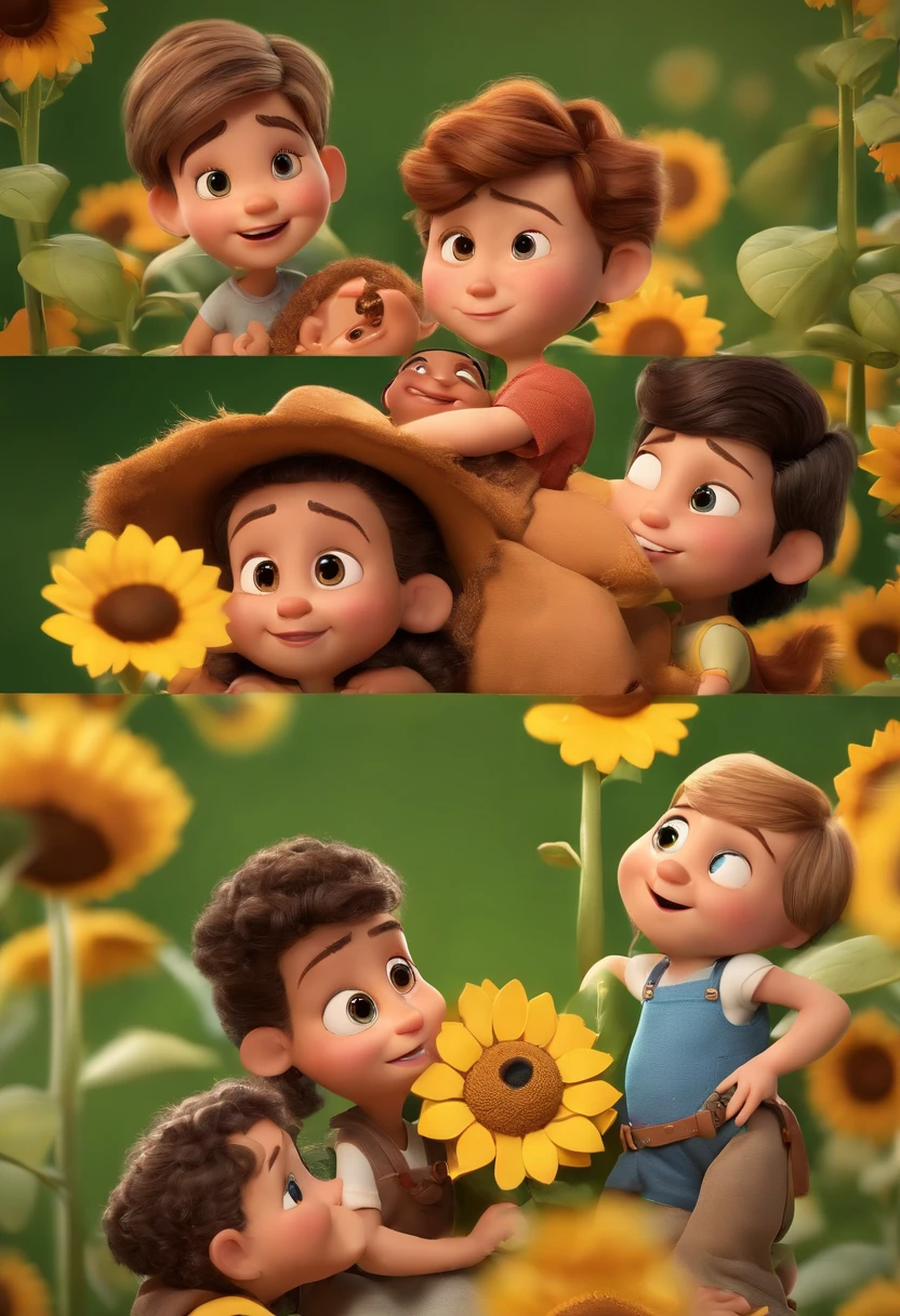 Create a Disney PIXAR-style 3D poster. ((centro da imagem, Triplets)), ((3 children)) ((1 menino no meio e 2 meninas ao lado, They're hugging each other, O menino tem pele castanha e cabelos castanhos escuros e olhos castanhos escuros, 1 menina tem pele clara, olhos e cabelos escuros e cacheados, e a outra menina tem pele morena, olhos escuros e cabelos escuros e lisos)) ((tudo isso no estilo Disney PIXAR 3D, In the background, A house of sunflowers, Gloria Studio, The garden is full of nature 3D render RTX clay material, estilo de design cartunesco, POP Mart, soft lighting, linhas suaves, Spring tilt, Detailed illustrations of PIXAR 3D, Detalhes hiper-realistas, cor quente no estilo Disney PIXAR 3D))