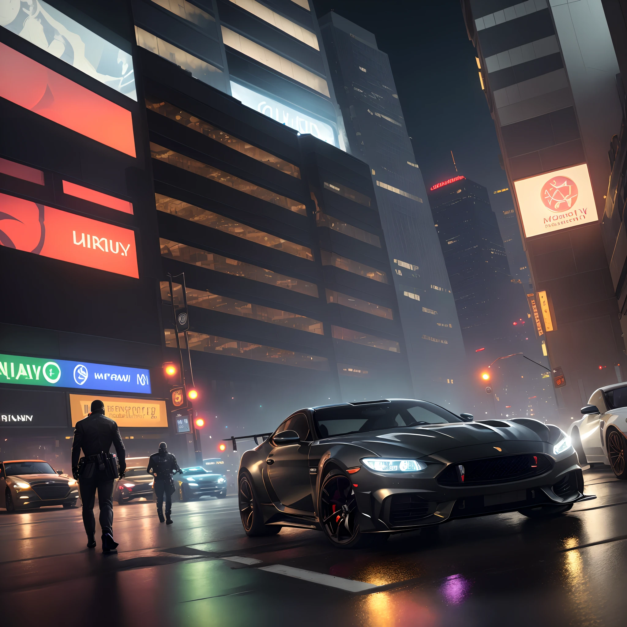 (best quality,4k,8k,highres,masterpiece:1.2),ultra-detailed,(realistic,photorealistic,photo-realistic:1.37),cityscape,night scene,urban environment,street view,realistic lighting,impressive architecture,detailed textures,vibrant colors,action-packed,gritty atmosphere,character customization,driving cars,multiplayer experience,GTA V,crime theme,wealthy characters,luxury vehicles,fast-paced gameplay,helicopter chase,explosive moments,heists,high-rise buildings,neon lights,hustle and bustle,thriving nightlife,busy intersections,pedestrians,crowded sidewalks,reflection on wet pavement,shiny sports cars,secret hideouts,bank robberies,gunfights,theft,high-end fashion,nightclubs,criminal underworld.