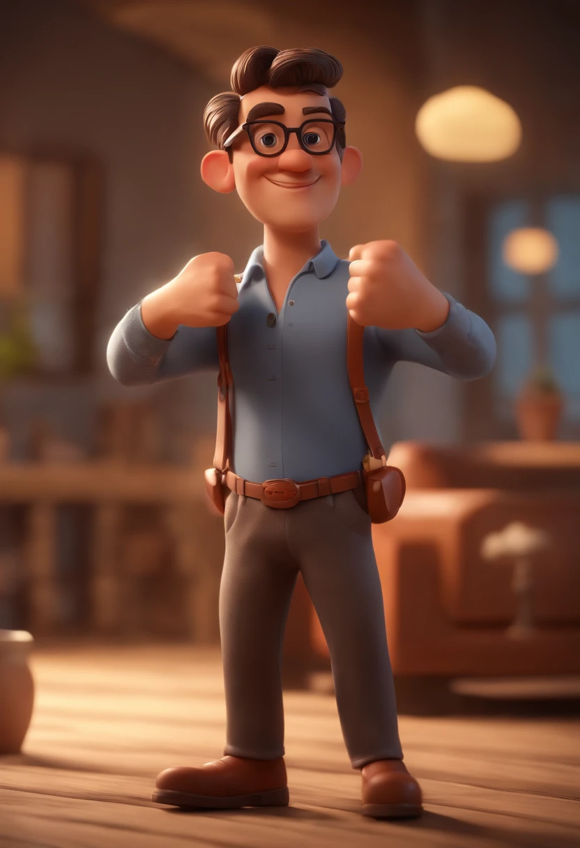 Cartoon character of a man with black glasses, cabelo cacheado marrom escuro e uma camisa azul, animation character, Caractere estilizado, animation style rendering, 3D estilizado, Arnold Maya render, 3 d render stylized, toon render keyshot, Personagem 3D, Personagem 3D, 3d rendering stylized, 3 d character render, personagem de desenho animado, Personagem de close up, Pose de personagem, (Estilo Pixar) (master part:1.2) (Bokeh) (best quality) (pele detalhada) (textura detalhada) (8k) (argila) (Cinematic lighting) (foco nítido