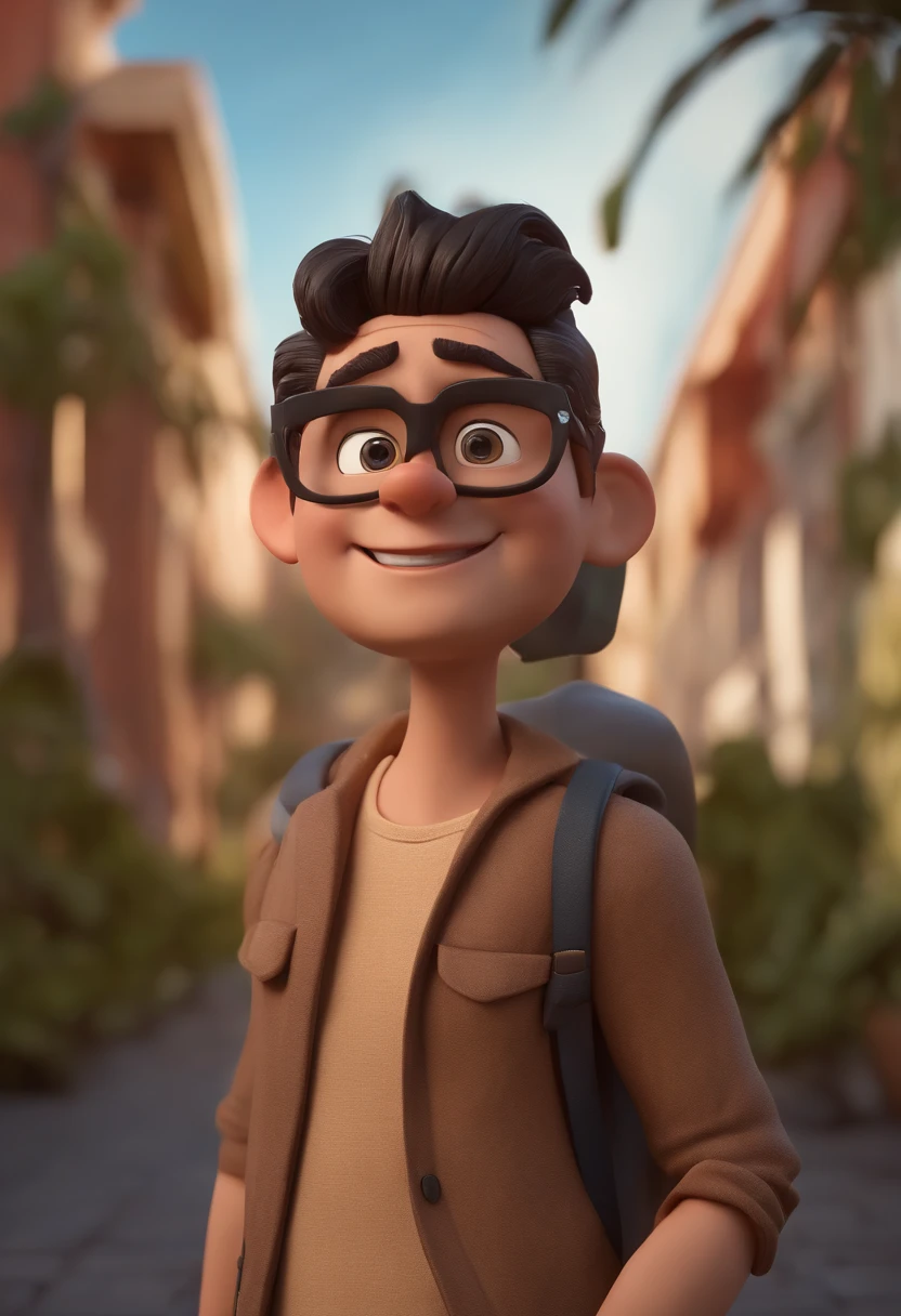 Cartoon character of a man with black glasses, cabelo cacheado marrom escuro e uma camisa azul, animation character, Caractere estilizado, animation style rendering, 3D estilizado, Arnold Maya render, 3 d render stylized, toon render keyshot, Personagem 3D, Personagem 3D, 3d rendering stylized, 3 d character render, personagem de desenho animado, Personagem de close up, Pose de personagem,  (Estilo Pixar) (master part:1.2) (Bokeh) (best quality) (pele detalhada) (textura detalhada) (8k) (argila) (Cinematic lighting) (foco nítido