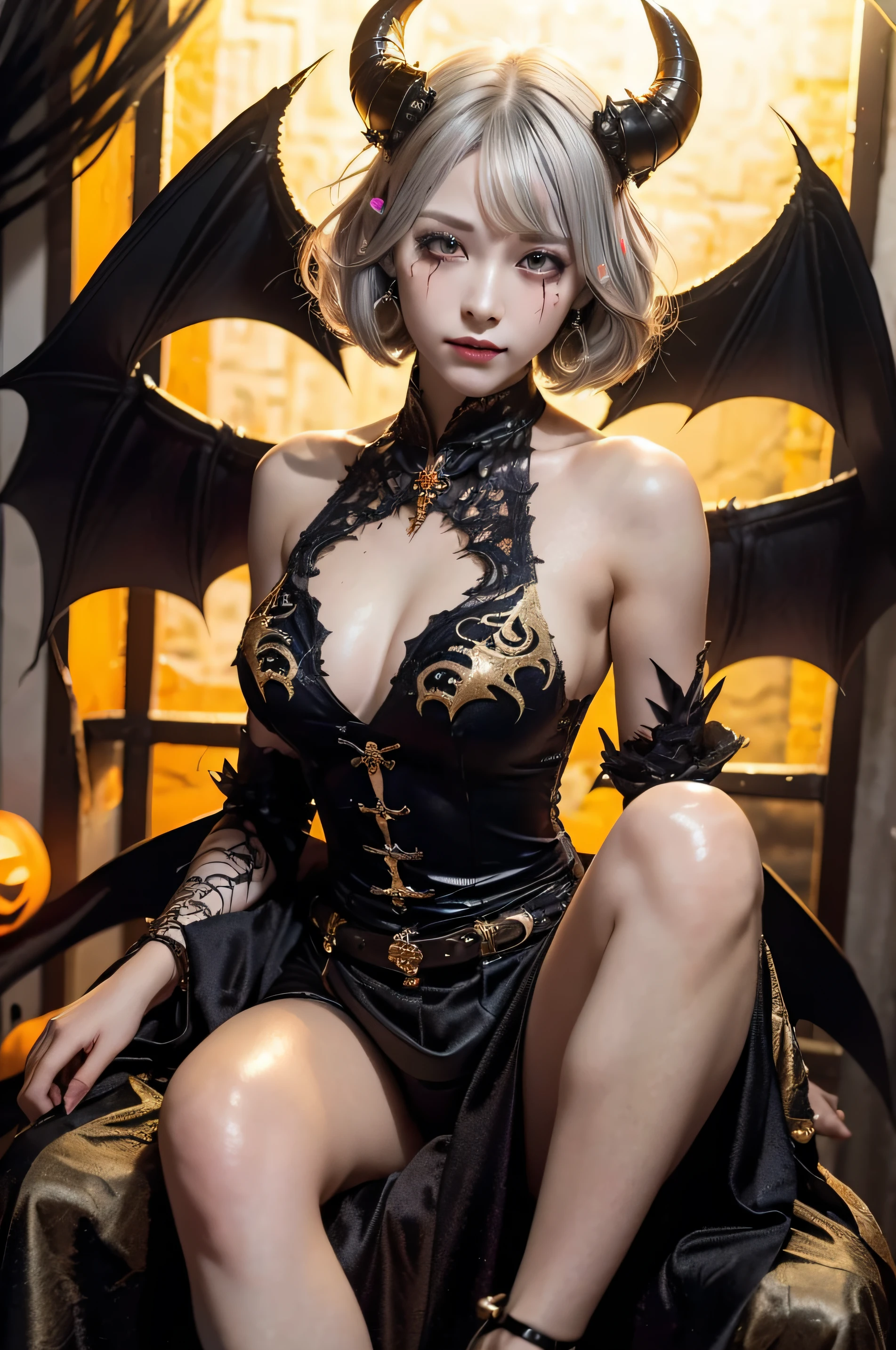 (Masterpiece:1.3), high resolution, Ultra detailed, Extremely detailed Cg Unity 8K wallpaper, Realistic, photo-realistic, RAW photo, (Beautiful detailed face), Pale skin, Realistic skin, Detailed cloth texture, Detailed hair texture, Perfect body, Beautiful face, Accurate, Anatomically correct, Highly detailed face and skin texture, Natural neck length, (Beautiful hands), (Fair skin:1.2), Thin legs, Thin feet, (((Dim lighting:1.3))), Silver laser,
Break,
Detailed eyes, Symmetrical eyes, Brown eyes, Double eyelids, Thin eyebrows, ((Dracula makeup:1.3)), (Glossy lips:1.4), ((Gentle smile:1.2)),
Break,
(Demon Maiden), ((Dressed in a black gold demon costume:1.3)), (Black needle heels:1.1), (demon horns on head:1.2), (Huge black bat wings on its back:1.2),
(Large breasts:1.2), (firm breast, Beautifully shaped breasts, Slender figure:1.1),
((Gray hair:1.5)), (Wavy hair), ((Short hair:1.2)), ((Asymmetrical bangs:1.2)),
Break,
(Sit on a plush chair with one leg raised:1.2), ((View of dimly lit ruins decorated for Halloween:1.3)), (From below:1.2),
(((upperbody shots:1.2))), (view the viewer:1.2),