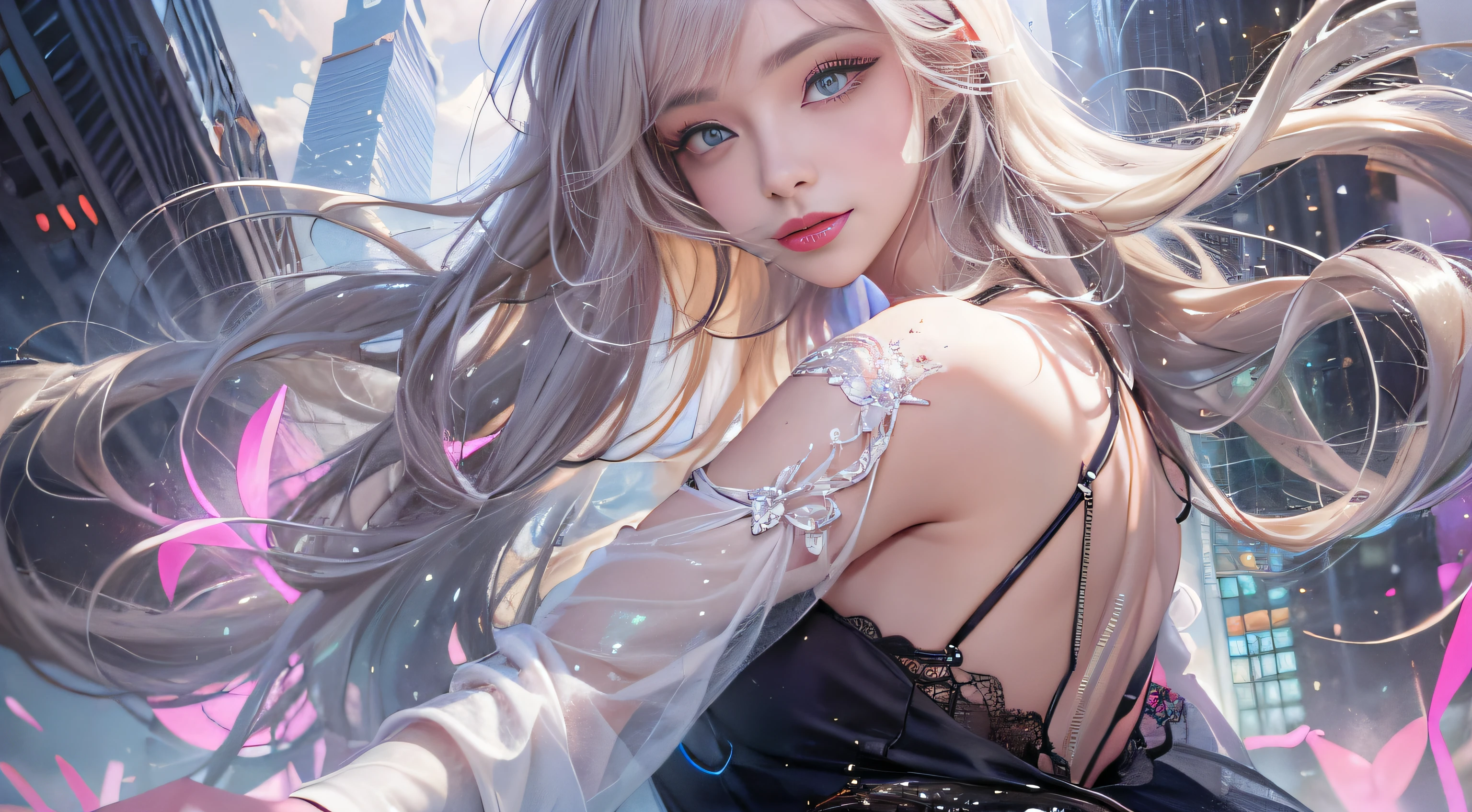 Ultra high quality，8K，1girls，bridal，Silvery hair，Close-up of the head,White lace dress，Bouquet of roses in hand，sun is shining，sun is shining，a brightly coloured