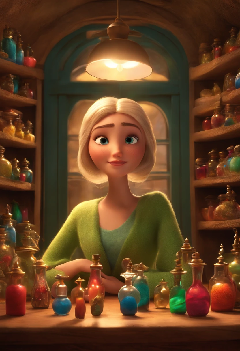A collector of ideas inspired by Pixar animation, de perto. She is surrounded by a collection of magic vials, each containing a unique idea. The focus is on the character, with a captivating facial expression, In a flickering scenario, cores efervescentes.