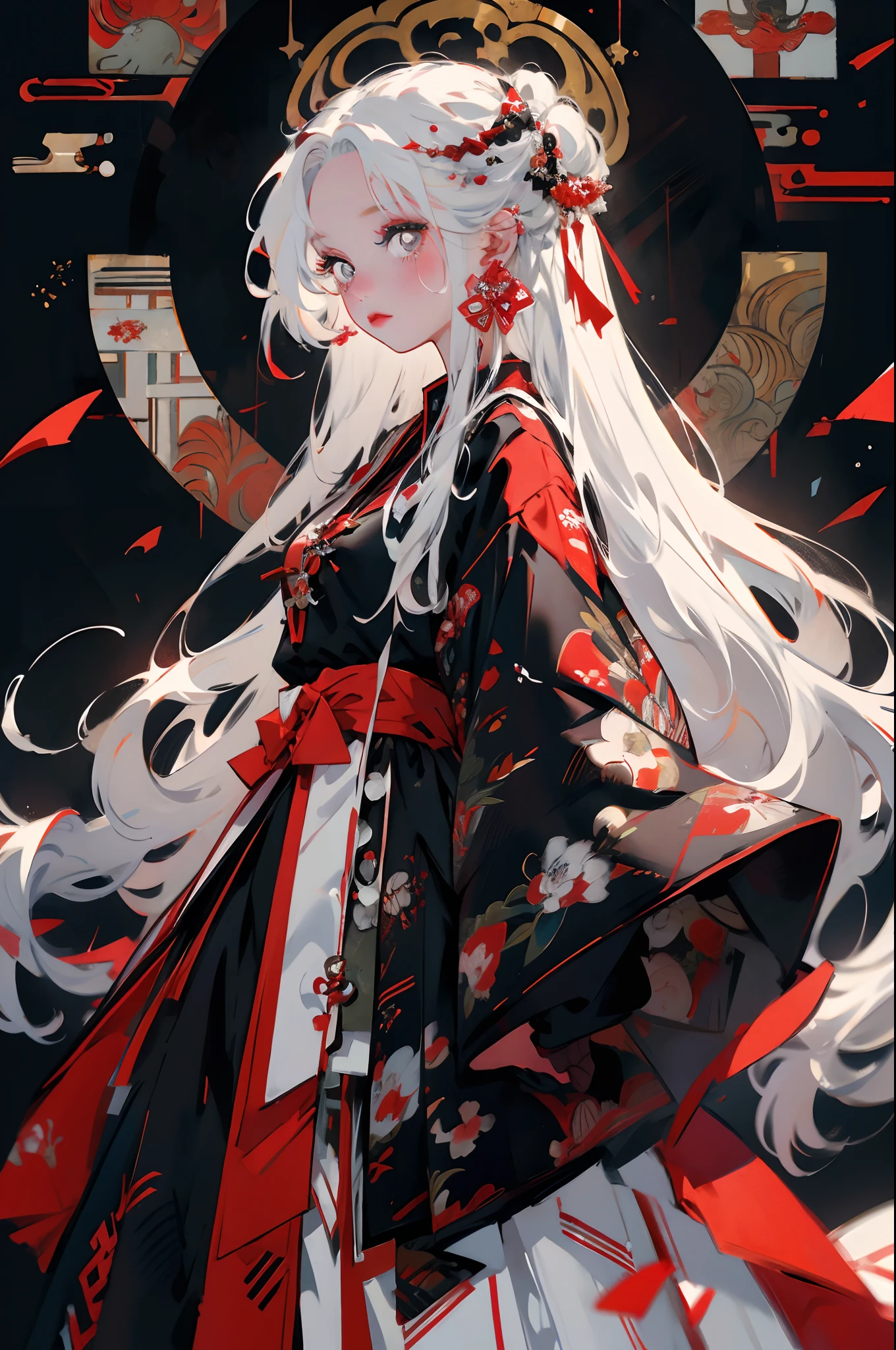 Anime girl with long white hair and red and black dress, White-haired god, Guviz, white haired Cangcang, White-haired, Girl with white hair, Guweiz in Pixiv ArtStation, white haired lady, Palace ， A girl in Hanfu, Guweiz on ArtStation Pixiv, Perfect white haired girl, drak, style of anime4 K