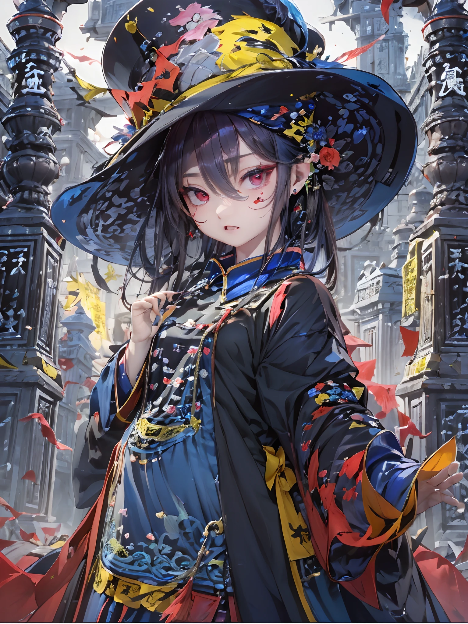 absurderes, (独奏)ultra-detailliert, Delicate beautiful face,(jiangshi:1.4), (Red letter spell on yellow),mid night,Dark scenery,Stretch your hands forward,Blue manicure,(double tooth),Cemetery at night