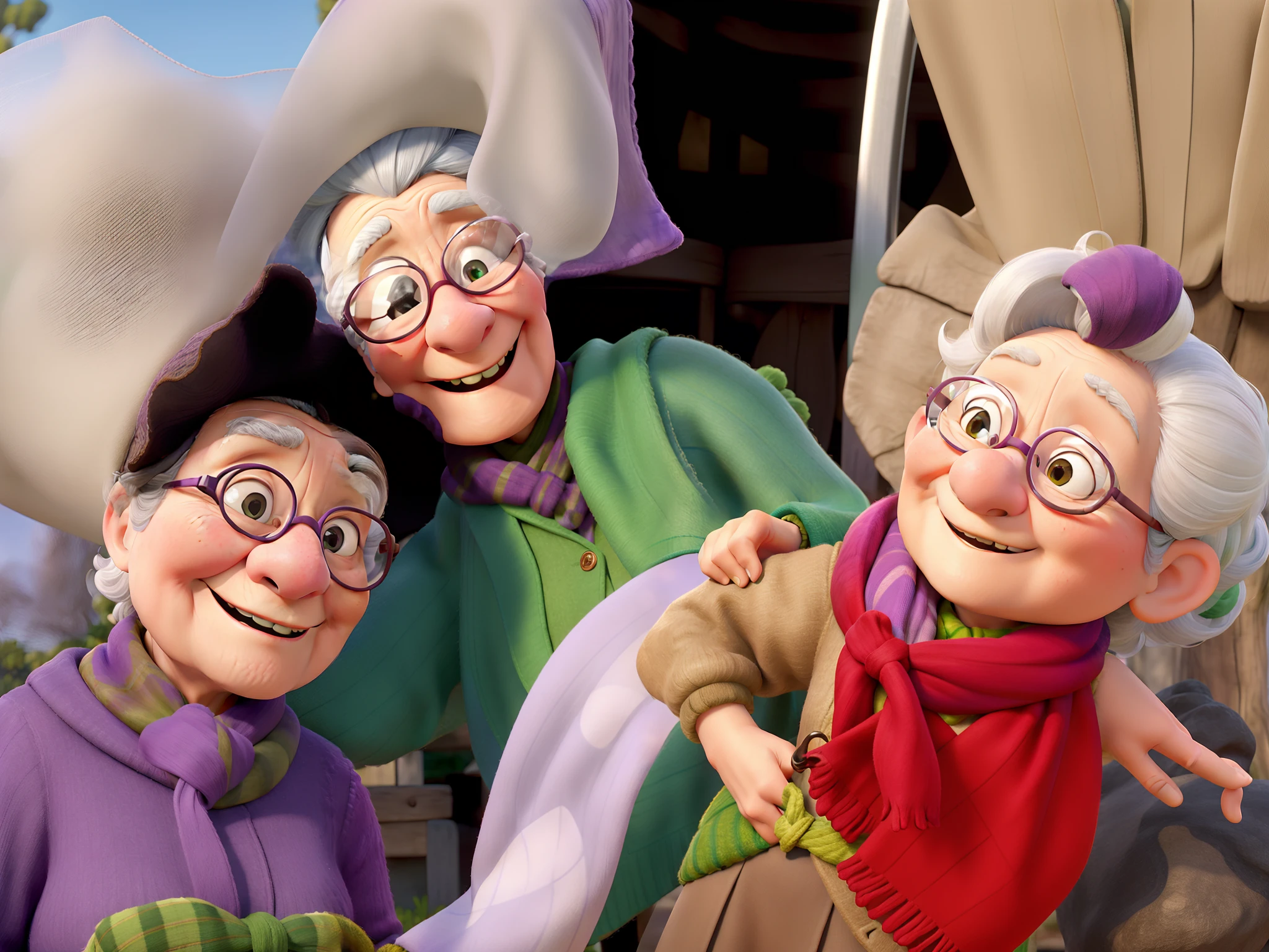 masterpiece, best quality, an old woman with glasses and a scarf on, wearing a purple coat and green scarf, standing at the park