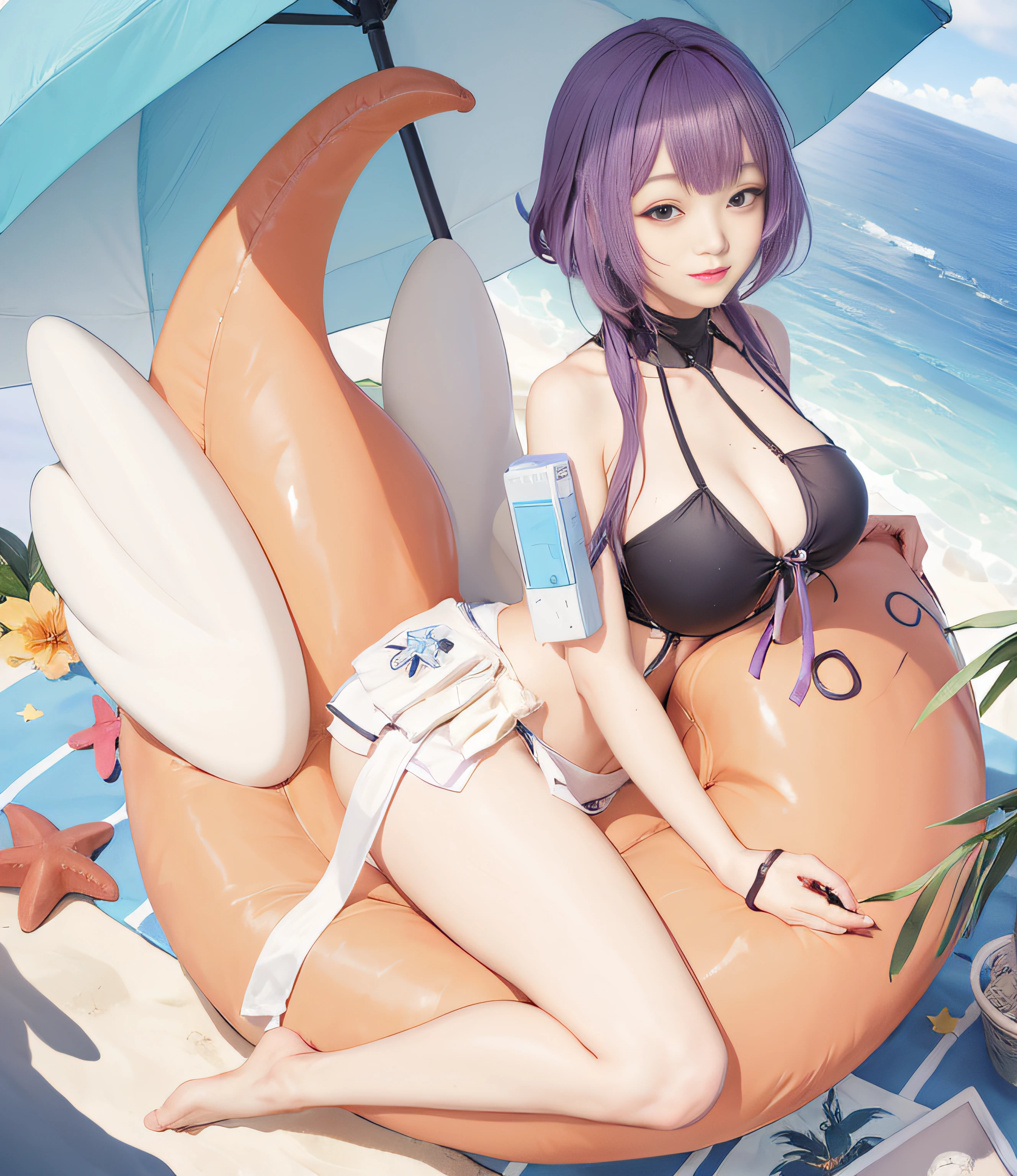 Anime girl in bikini sitting on a beach chair with an umbrella, roupa de banho, Realistic bikini, Impacto de Ayaka Genshin, is wearing a swimsuit, de meninas da linha de frente, na praia, Melhor Avaliado em Pixiv, Trend in CGTacing:, pixiv 3dcg |, ayaka jogo genshin impact, Relaxando na praia, menina anime sedutora, Marin Kitagawa Fanart