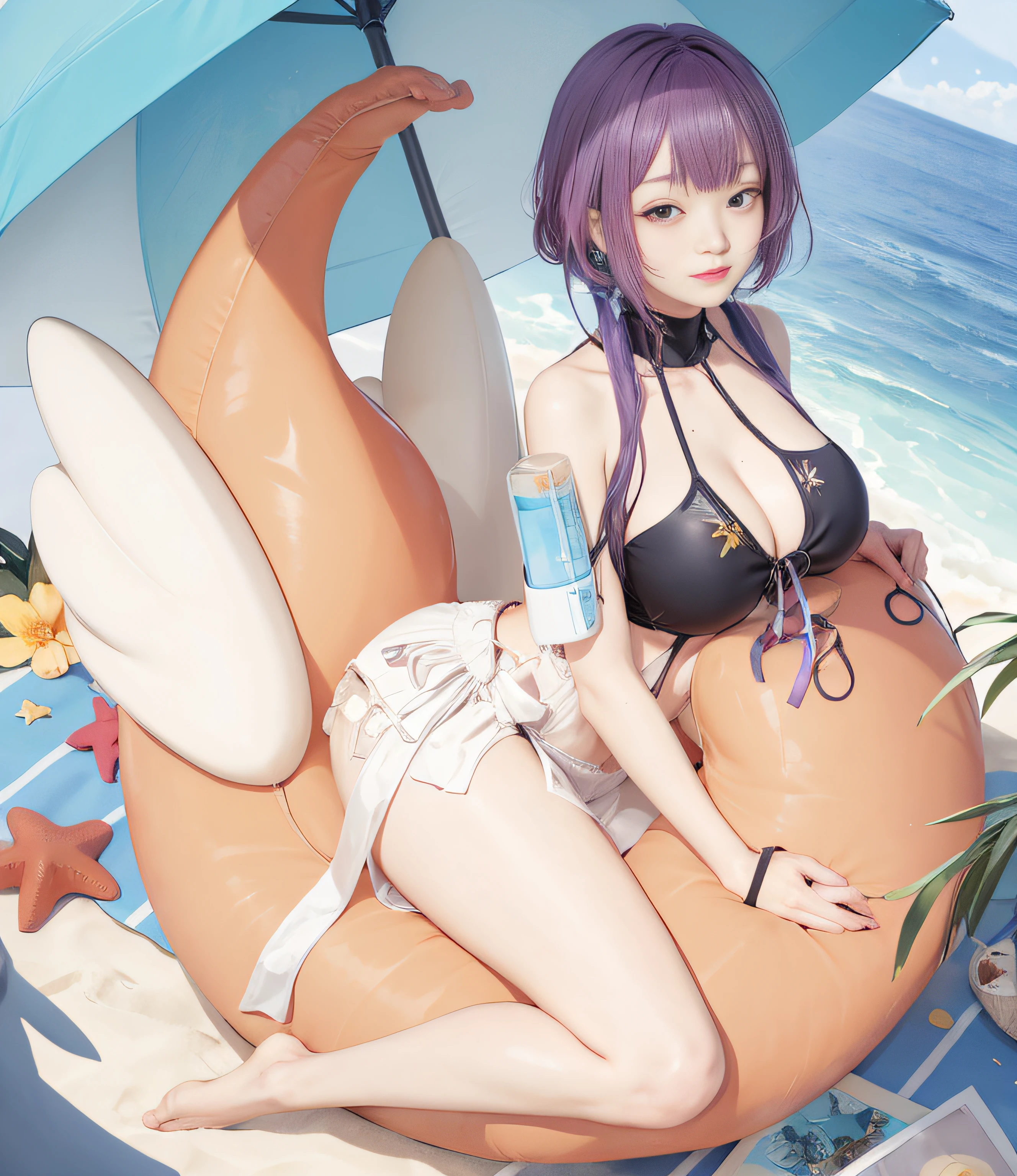 Anime girl in bikini sitting on a beach chair with an umbrella, roupa de banho, Realistic bikini, Impacto de Ayaka Genshin, is wearing a swimsuit, de meninas da linha de frente, na praia, Melhor Avaliado em Pixiv, Trend in CGTacing:, pixiv 3dcg |, ayaka jogo genshin impact, Relaxando na praia, menina anime sedutora, Marin Kitagawa Fanart