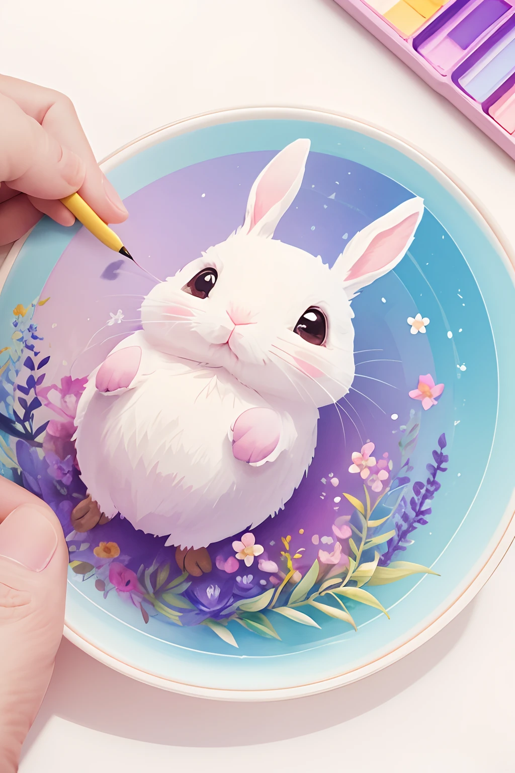 A detailed illustration of a print of a colorful baby bunny , fantasy flowers splash, in the style of Studio Ghibli, light white purple and pink pastel tetradic colors, cute and quirky, fantasy art, watercolor effect, bokeh, hand-drawn, digital painting, low-poly, soft lighting, bird's-eye view, isometric style, retro aesthetic, focused on the character, 4K resolution, photorealistic rendering,