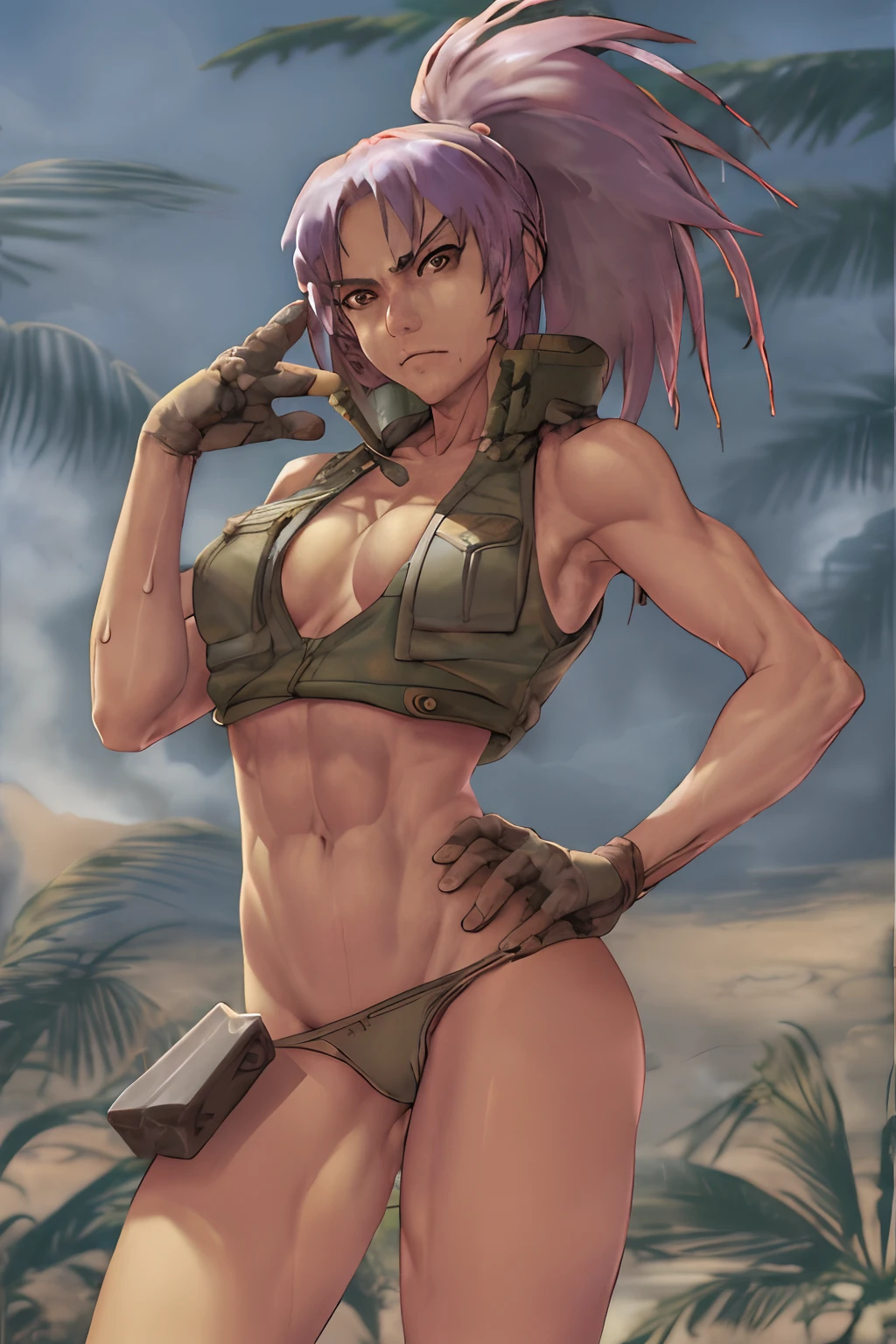 Vest and panty, naked, serious, sexy pose, military, desert. Cammo, Sun, hot, guerrilla, tropical, wetting, leona from the king of fighters.