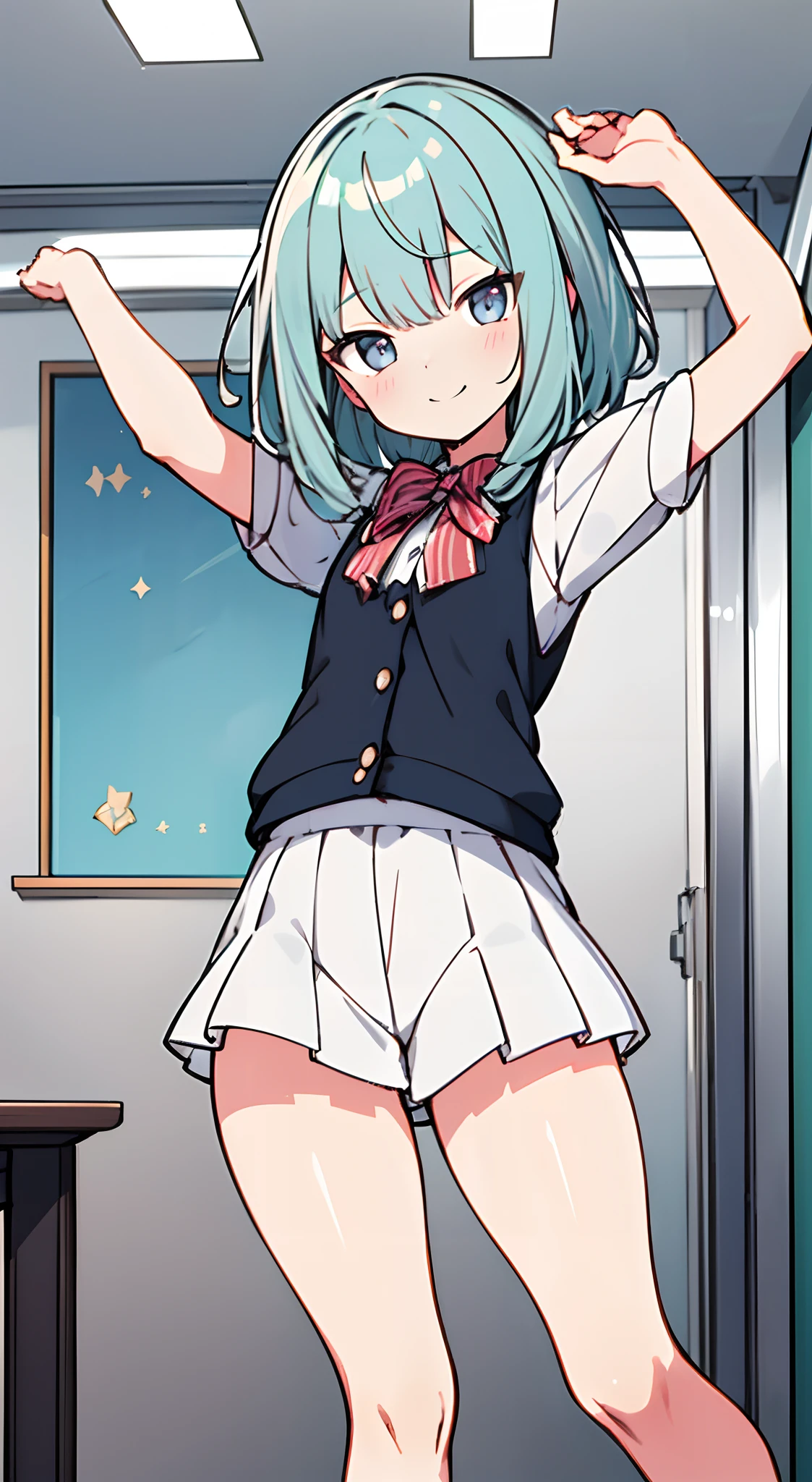 masuter piece, Best Quality,32K、Wallpaper, ultra -detail, Absurd beauty, 1beautiful girl、Big crisp eyes、Slender legs、Make your head smaller、miscievous smile、Angle looking up from below:1.2、♡♡♡、(Poses in motion)、thighs thighs thighs thighs、Medium short hair、inside in room