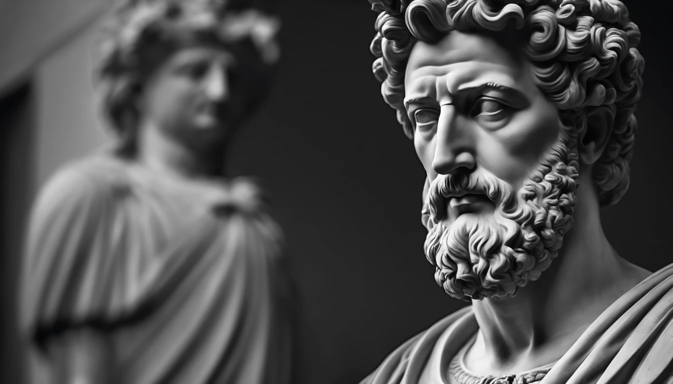 a portrait statue of the stoic Marcus Aurelius in black and white 4K,Face de lado, papel de parede super realista , sem camisa, sintura,corpo forte