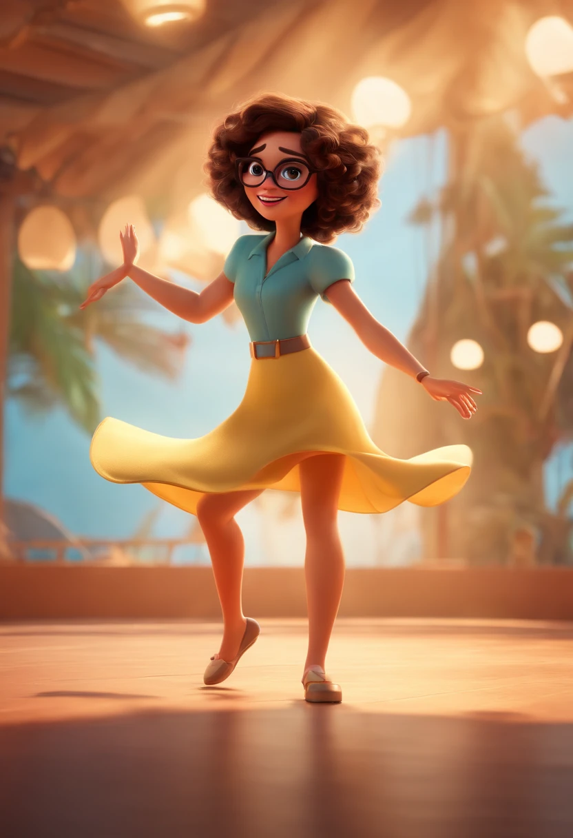 Pixar style image with 3D character white glasses brunette woman short curly hair dancing, Maquiagem Disney,Pescador, bonitinho, sorridente ,Close-up, Pixar, Disney, Cinema lighting,