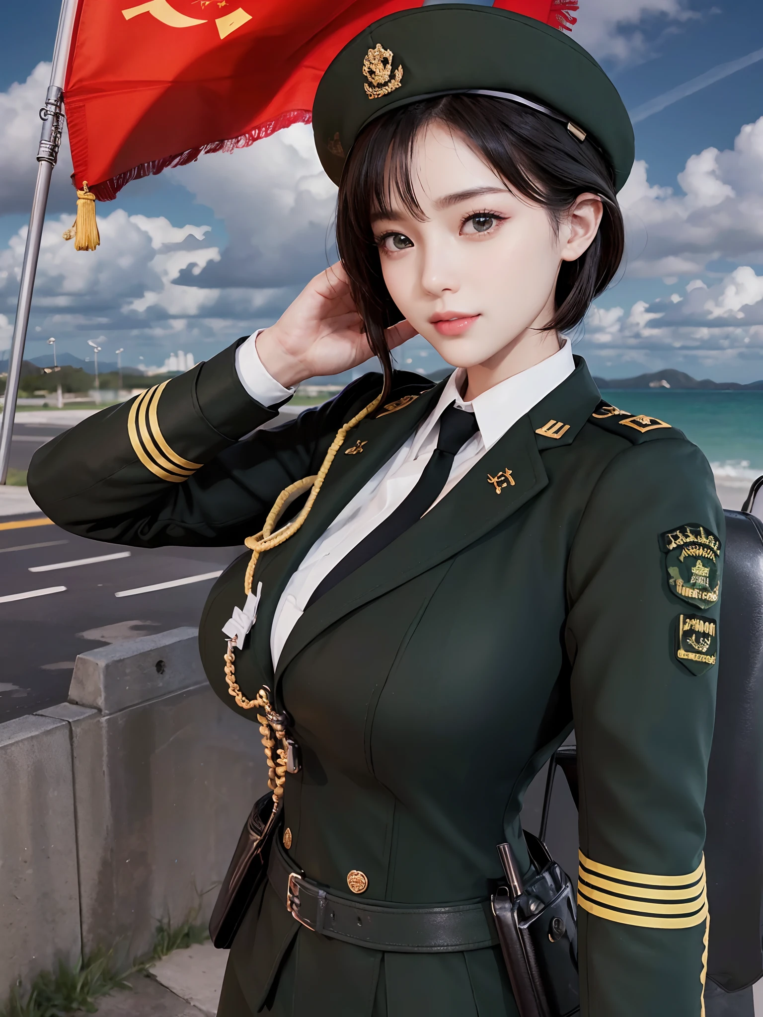 Usually detailed CG Unity 8K wallpaper，（tmasterpiece），（best qualtiy），（ultra - detailed），（Ultra photo realsisim），（best character detail：1.36），Nikon D750 f / 1.4 55mm，profesional lighting， physically-based renderingt, 1girll, Female soldier，army suit，Dark green military uniform，Fabric texture military uniform，Pure white lining，Dark green tie，bucket-hat，Black hair，the golden ratio,[:(com rosto detalhado:1.2):0.2]:，PureErosFace_V1, broad shoulder,(Bigchest:1.5),(big assa:1.5),(stick out buttocks:1.5),squatt，Look back，red flags，In the square，Splendid scenery，bright sun，RAW photogr，photore，hand on own hip， Flag of China，Night Street，lighting，Contre-Jour，Bright smile，White teeth，