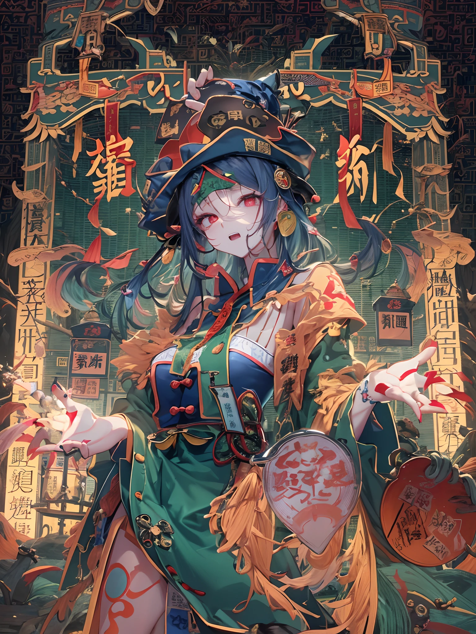 absurderes, (独奏)ultra-detailliert, Delicate beautiful face,(jiangshi:1.4), (Spells with red letters on yellow),mid night,Dark scenery,Stretch your hands forward,Blue manicure,(double tooth),Cemetery at night