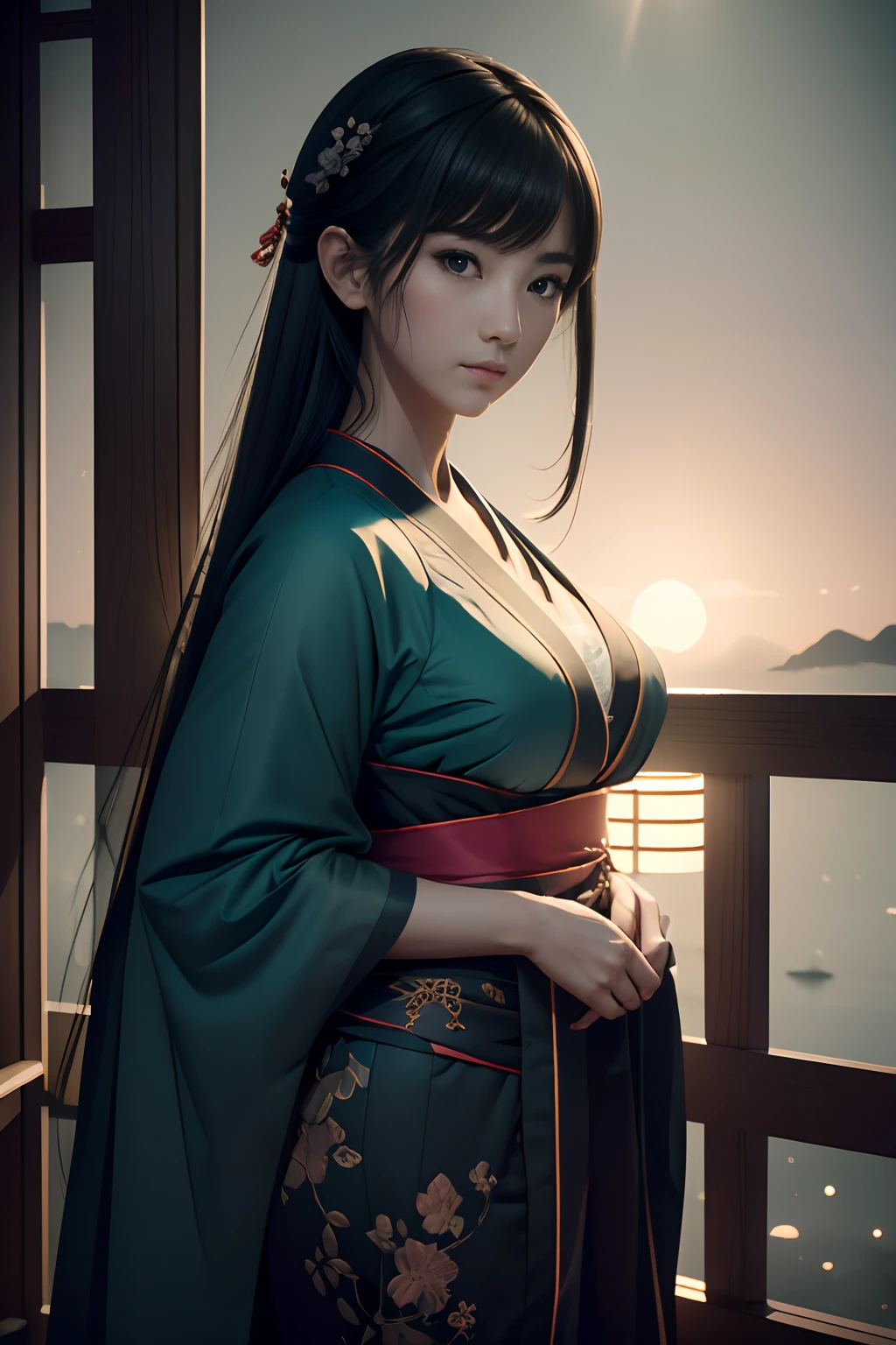 Mature woman in traditional Japanese costume,(dark shot:1.4), 80mm, (dark shot:1.4), 80mm, Magnificent Real, Geisha paintings with European characteristics enter the Sea of Japan, range murata, a big red sun in the background, a stunning, matted, Paul Gauguin, author：highr, art by greg rutkowski and artgerm, Soft Cinematic Lights, Adobe Lightroom, photolab, hdr, Intricate and ultra-detailed, (depth of fields:1.4), (dark shot:1.22), com cores neutras, (hdr:1.4), (pastelcolor:1.4), (twists), (art  stations:1.2), ultra - detailed, Dramatic, intricately details, (technicolor:0.9), (rootkowski:0.8), Cinematic, the detail, softlighting, Sharp, exposure blend, Medium shot, Bokeh, (hdr:1.4), hight contrast, (Cinematic, Teal and orange:0.85), (pastelcolor, dim colors, Calm tones:1.3), low-saturation, (ultra - detailed:1.2), (Nero:0.4), Soft light, Sharp, exposure blend、Medium shot、bokeh dof、(hdr:1.4)、hight contrast、(Cinematic、teal、an orange:0.85)、(pastelcolor、dim colors、Calm tones:1.3)、low-saturation、(Hyper-detailing:1.2)、(Nero:0.4)、(intricately details:1.12)、hdr、(intricately details、Hyper-detailing:1.15)