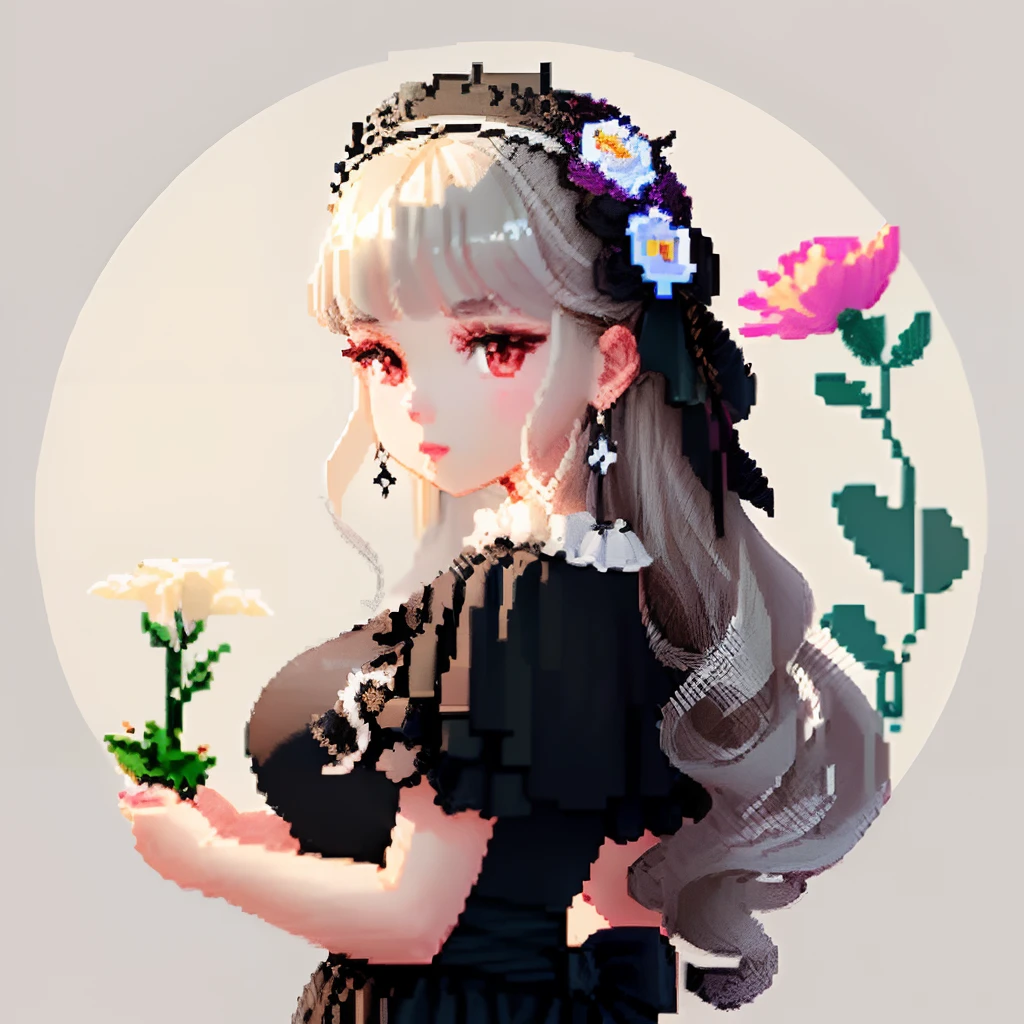 She was dressed like a glamorous jewel,large earring、Lots of flowers、 Gothic White、Colorful Floral Decoration Costume、Girl with dull grey long S-shaped curls、Look back and look at this.、Pixel art、Pixel Art Illustration、pixels、Plain background、Upper body、For icons、pixels_Art Book,Composition centered on the face、Black lily flower headdress、Katyusha、pixels、Game-style illustration、Pixel art、pixels、without background、The background is all beige、pixels、Large anemone flower ornament、Loose fluffy、White background、Gothic fashion、simple background、