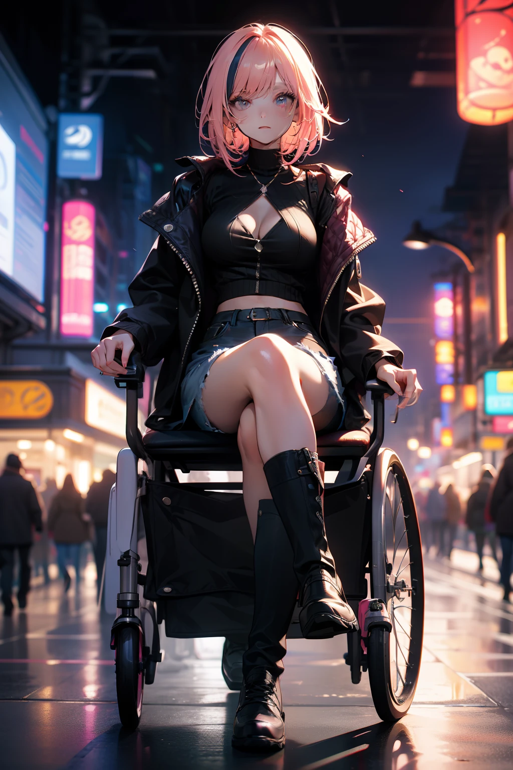 Highest image quality, nmasterpiece, Beautiful CG, Rich in graphics, Absolutely beautiful, attractive cleavage, Impeccable, Dreamy retouching, ultraclear, high-definition, Advanced rendering, Teenager Girl, (blonde hair), being in wheelchair,Denim jacket, denim short shorts, Leg Ring, boots, Blow bubble gum, Walk the streets, Lights are on both sides of the street, neon lit, Contre-Jour, cool tone, streaked hair, pink hair, holding breath, Cinematic lighting, anime, high detail, chiaroscuro, glowing light, character chart, cowboy shot, blurry foreground, UHD, textured skin, award winning, best quality, best quality, ccurate, high details, highres, high quality, anatomically correct, 1080P